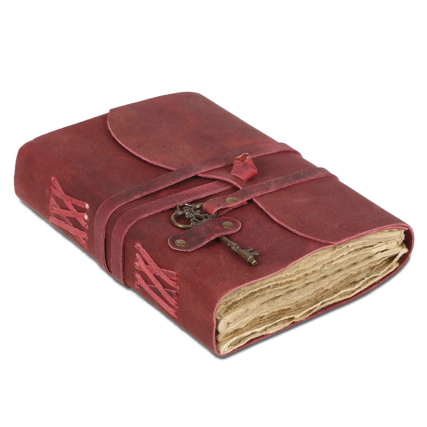 Leather Journal with unlined Deckle Edge Paper Vintage Key/ Handmade Writing Notebook Diary/ Bound Daily Notepad for Men & Women (Solid Pink)