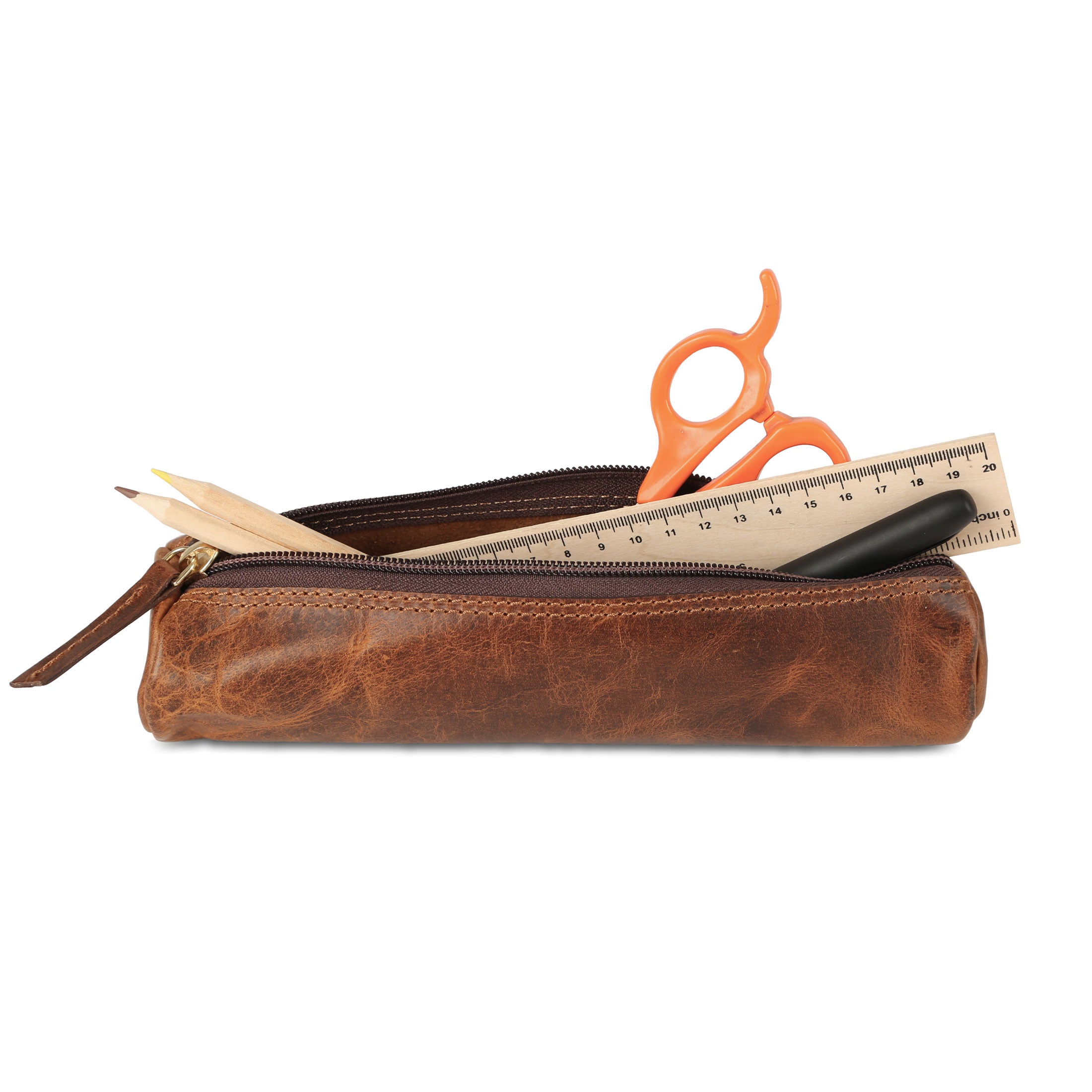 Vintage Leather Pencil Case – Handmade 9” Zipper Pouch for Office, School, or Travel | Slim Leather Organizer for Pens & Accessories