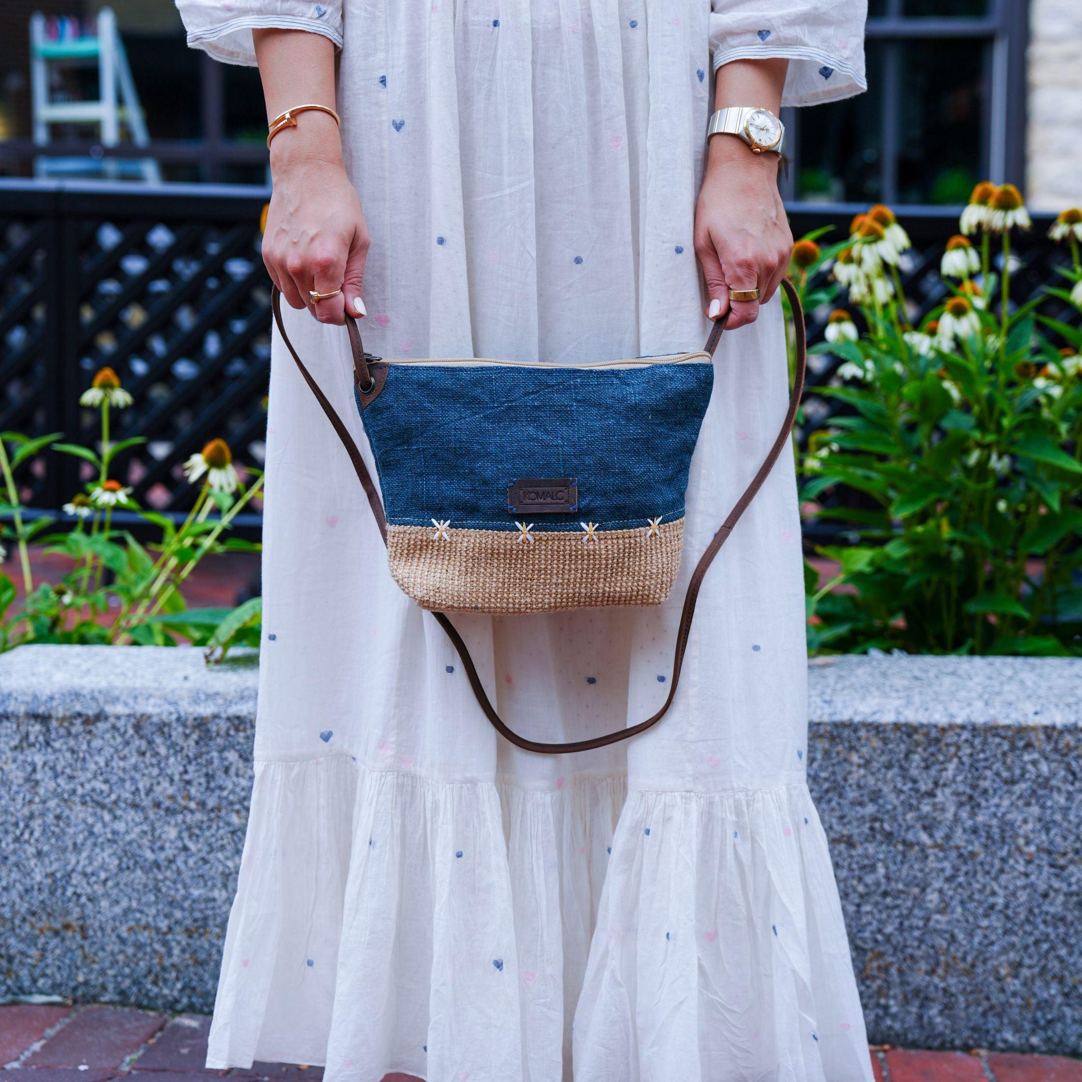 KomalC Stylish Slingbag for Women -made with high-quality Jute & Premium Buffalo Leather accents | Woven Shoulder Bag (Delphinium)