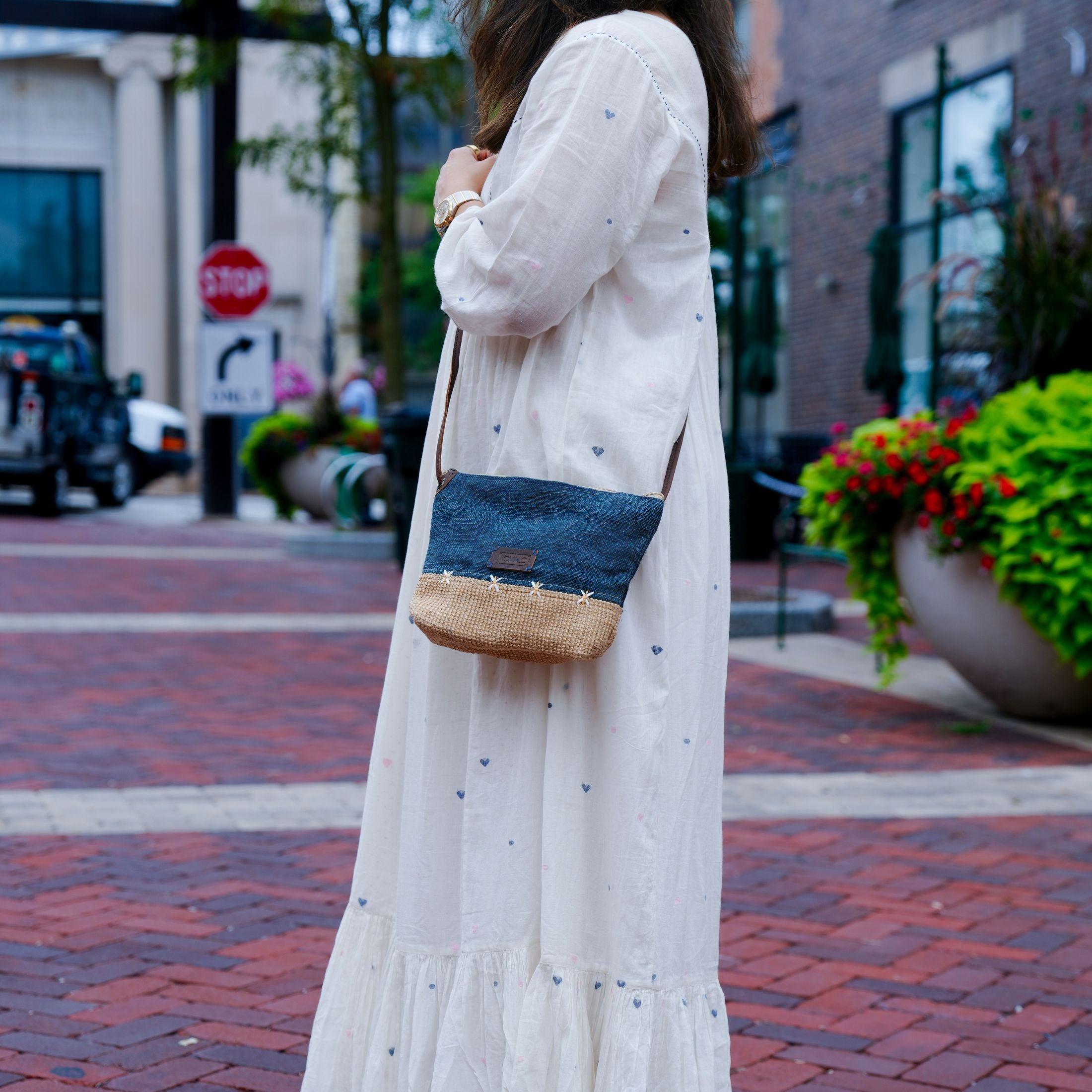 KomalC Stylish Slingbag for Women -made with high-quality Jute & Premium Buffalo Leather accents | Woven Shoulder Bag (Delphinium)