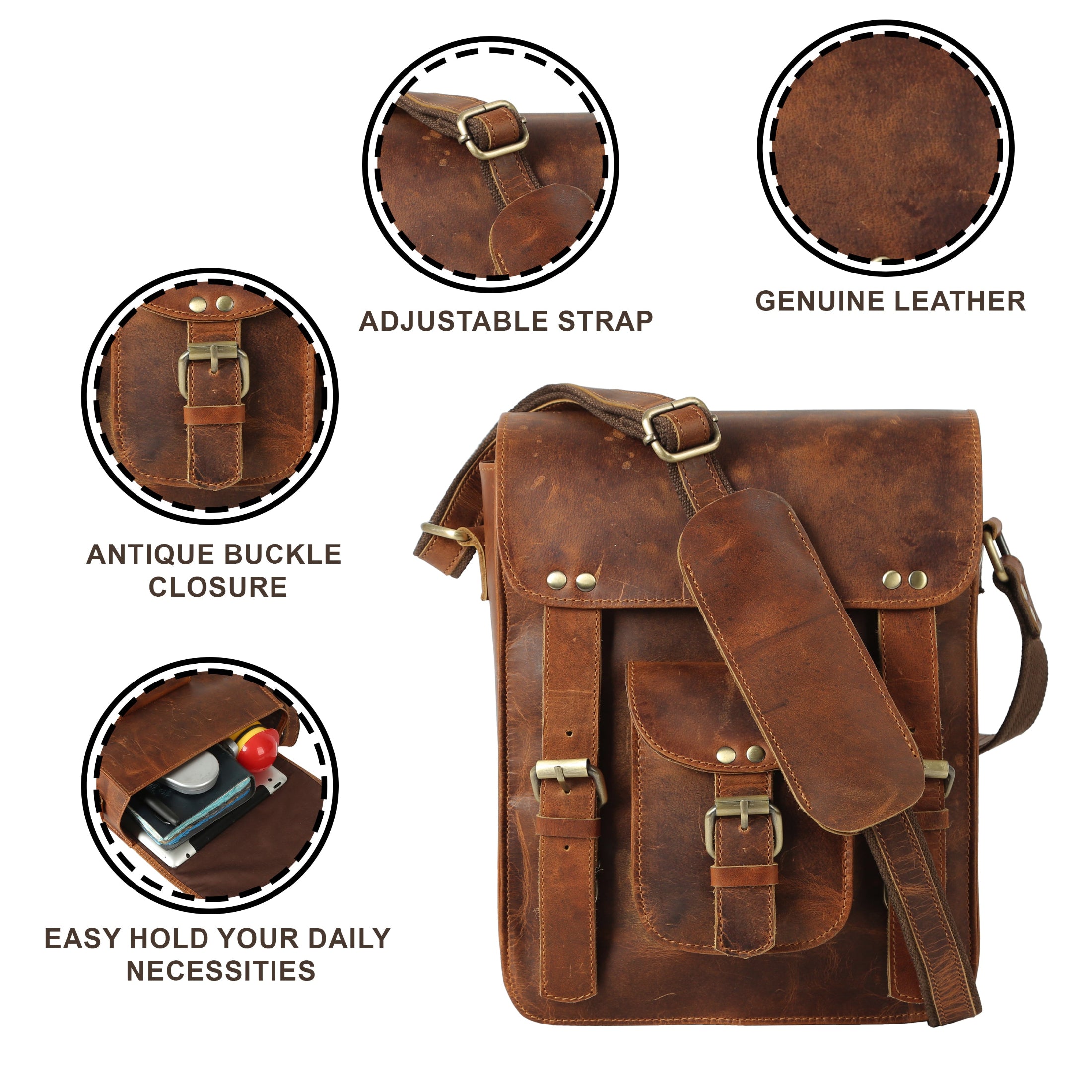 KomalC Genuine Leather 11 Inch Crossbody Satchel Bag – Vertical Shoulder Bag with Front Pocket, Zipper Compartments & Tablet Sleeve | Handmade Small Messenger Purse for Men & Women