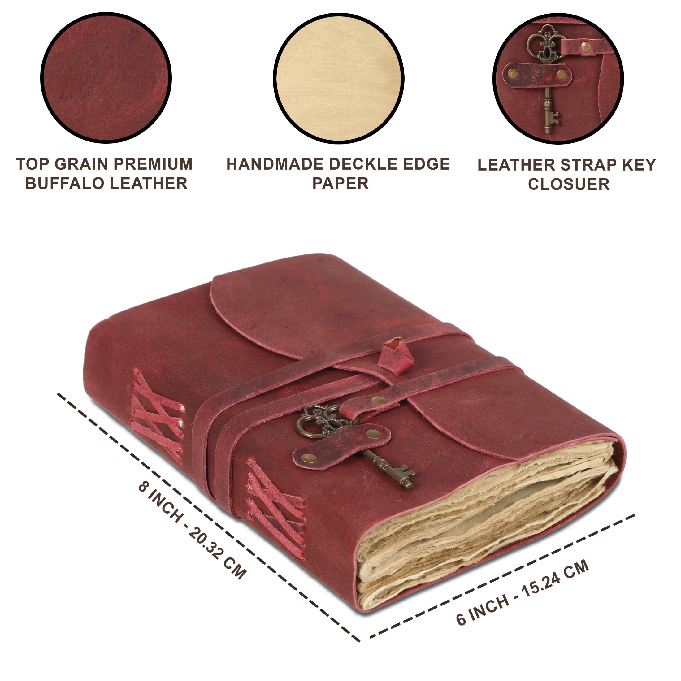 Leather Journal with unlined Deckle Edge Paper Vintage Key/ Handmade Writing Notebook Diary/ Bound Daily Notepad for Men & Women (Solid Pink)