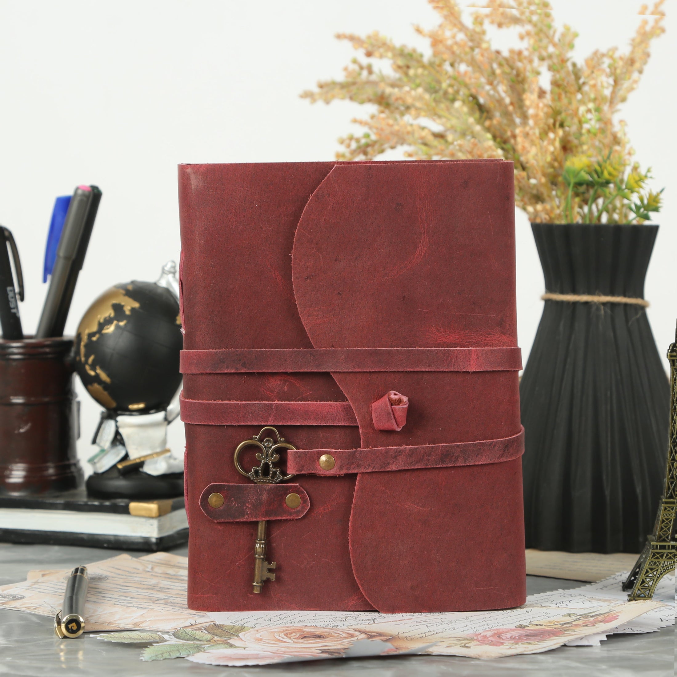 Leather Journal with unlined Deckle Edge Paper Vintage Key/ Handmade Writing Notebook Diary/ Bound Daily Notepad for Men & Women (Solid Pink)