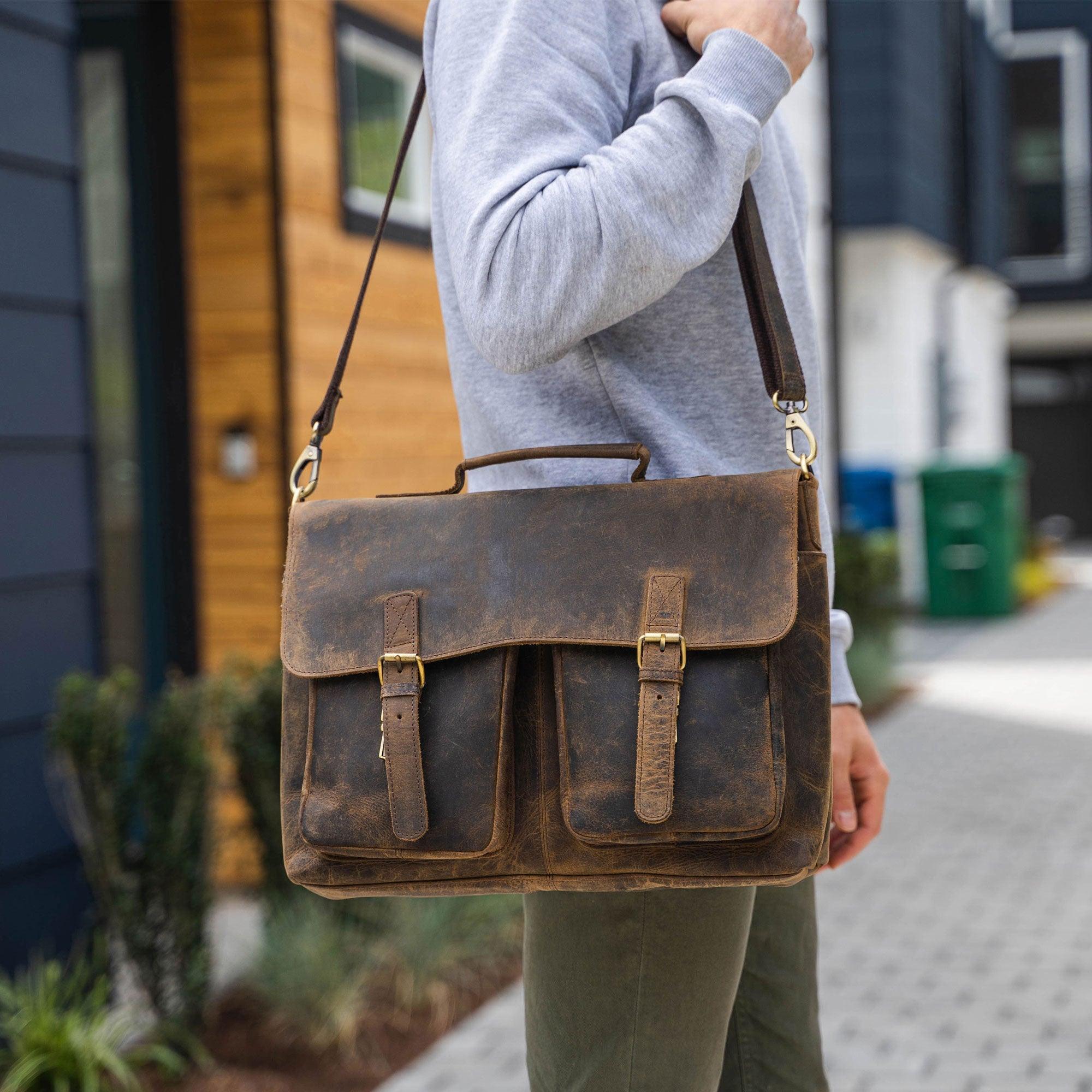 Leather Briefcase 16 Inch Laptop Messenger Bag Office Briefcase College Bag  (Buffalo Distressed Tan)