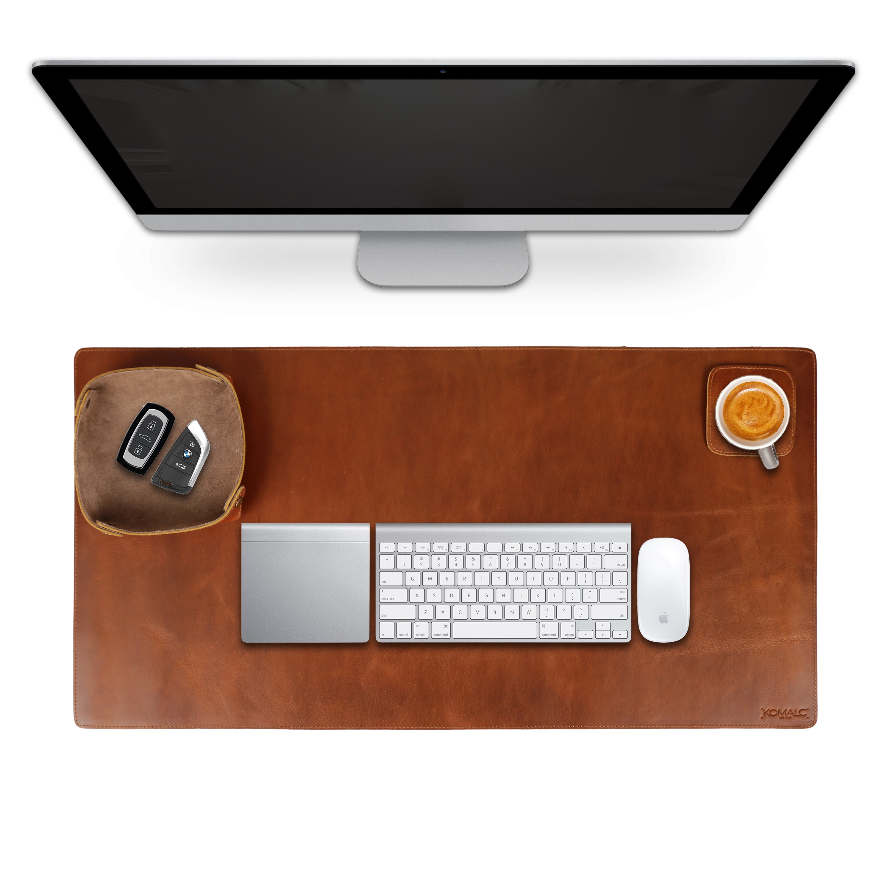 Full Grain Leather Desk Mat Set – 31" × 15" Leather Desk Pad with Accessory Tray & Coaster | Thick 3mm Desk Protector, Writing Pad & Office Organizer – Orange