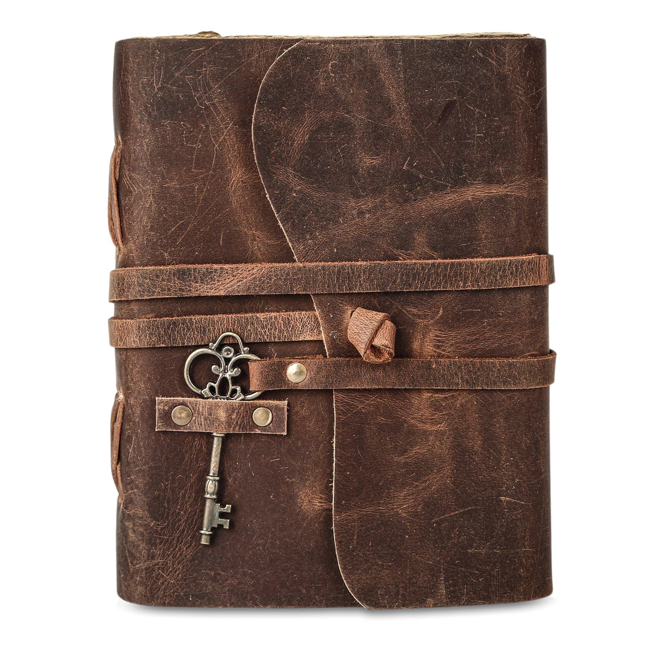 Vintage brown leather journal with lined deckle edge paper