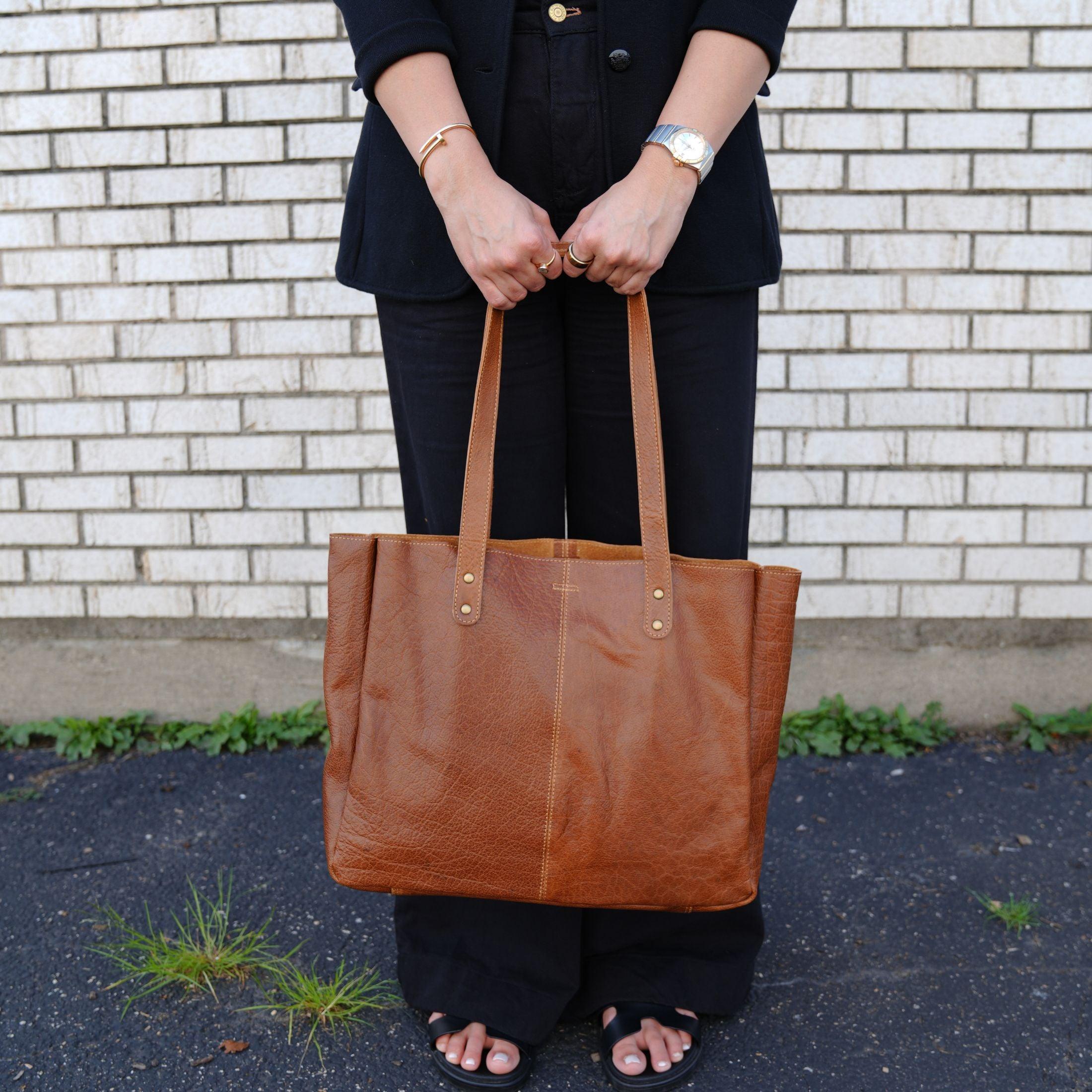 Leather shopping and travel handbag