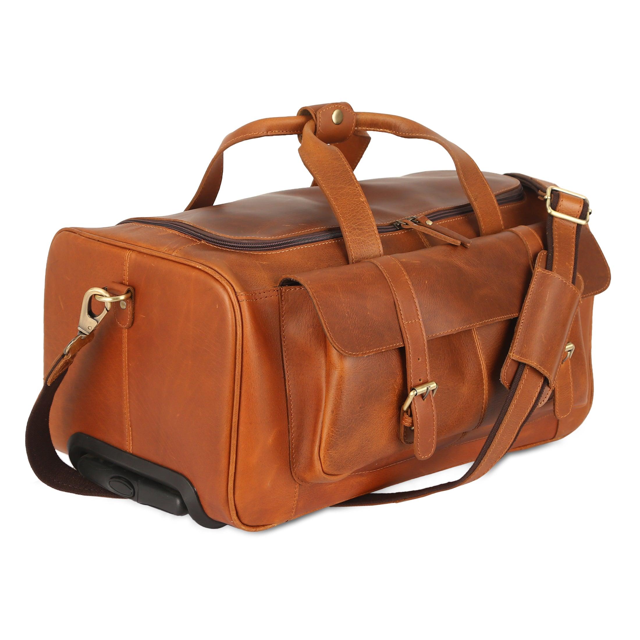 trolley leather duffle bag with wheels for men and women