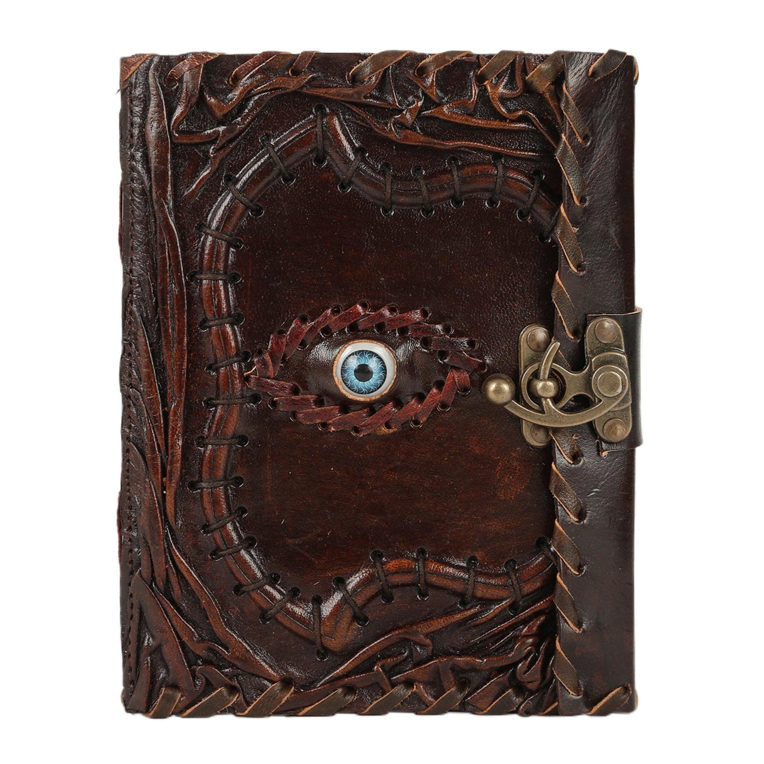 embossed evil eye on leather journal cover