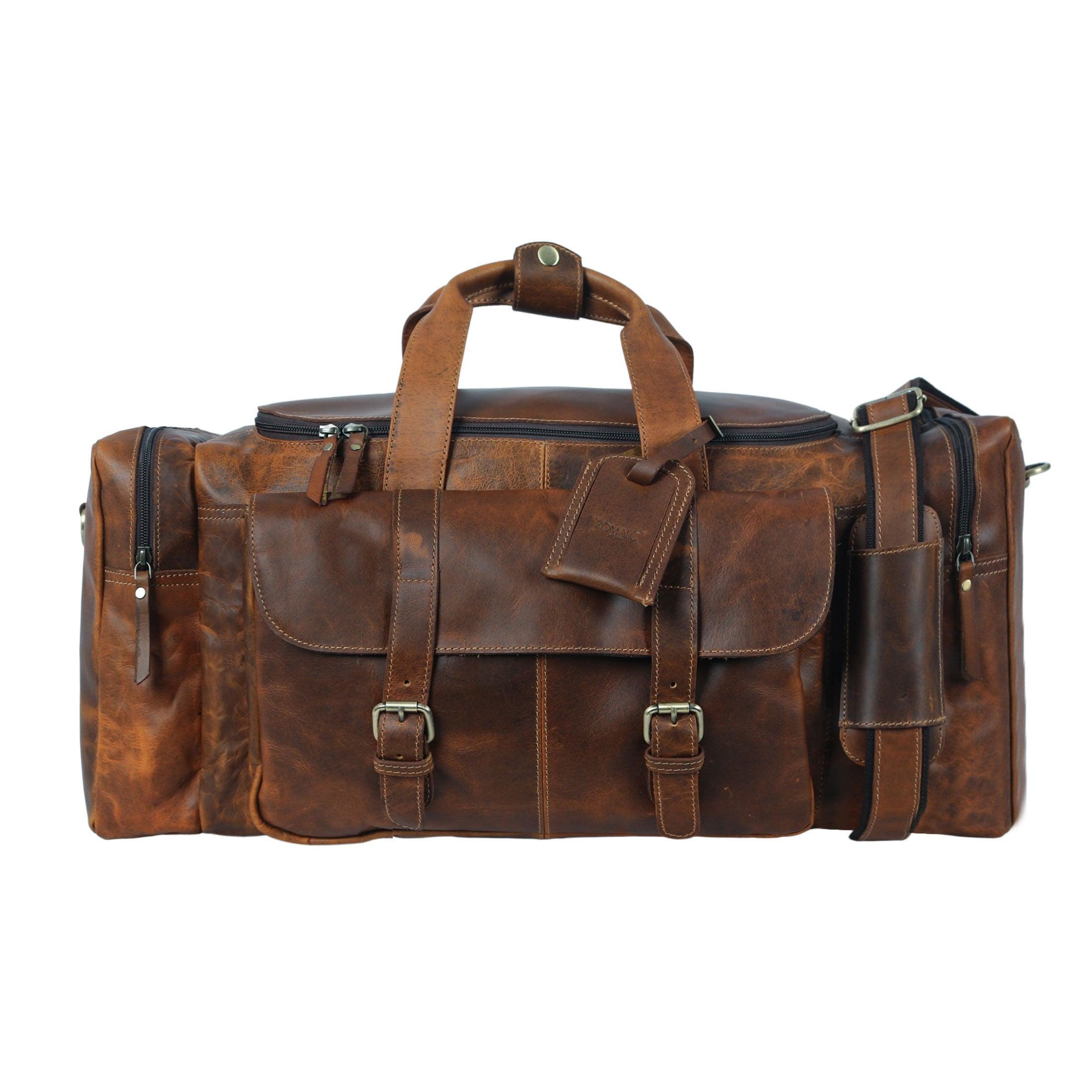 21-inch leather duffel bag with multiple pockets and adjustable shoulder strap