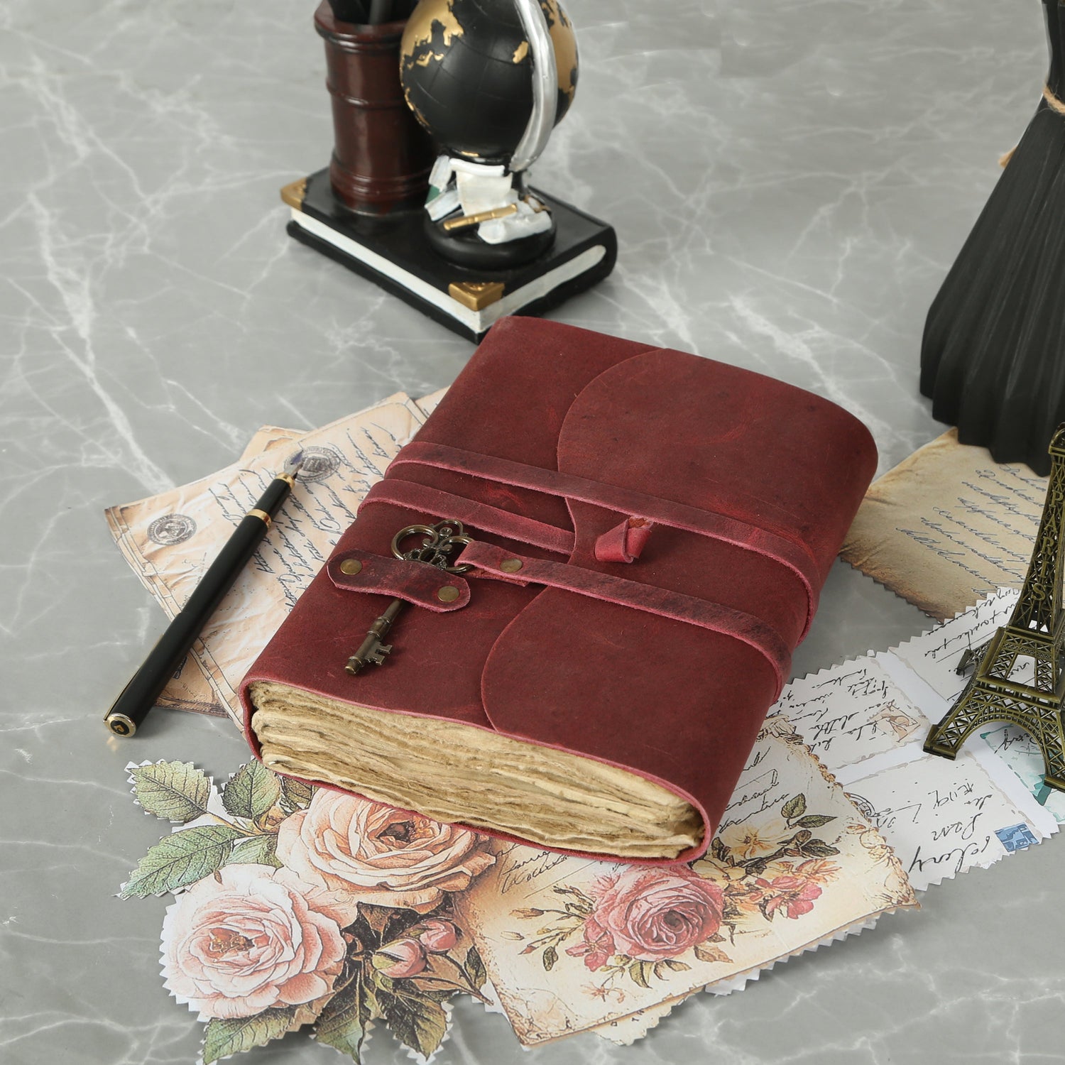 Leather Journal with unlined Deckle Edge Paper Vintage Key/ Handmade Writing Notebook Diary/ Bound Daily Notepad for Men & Women (Solid Pink)