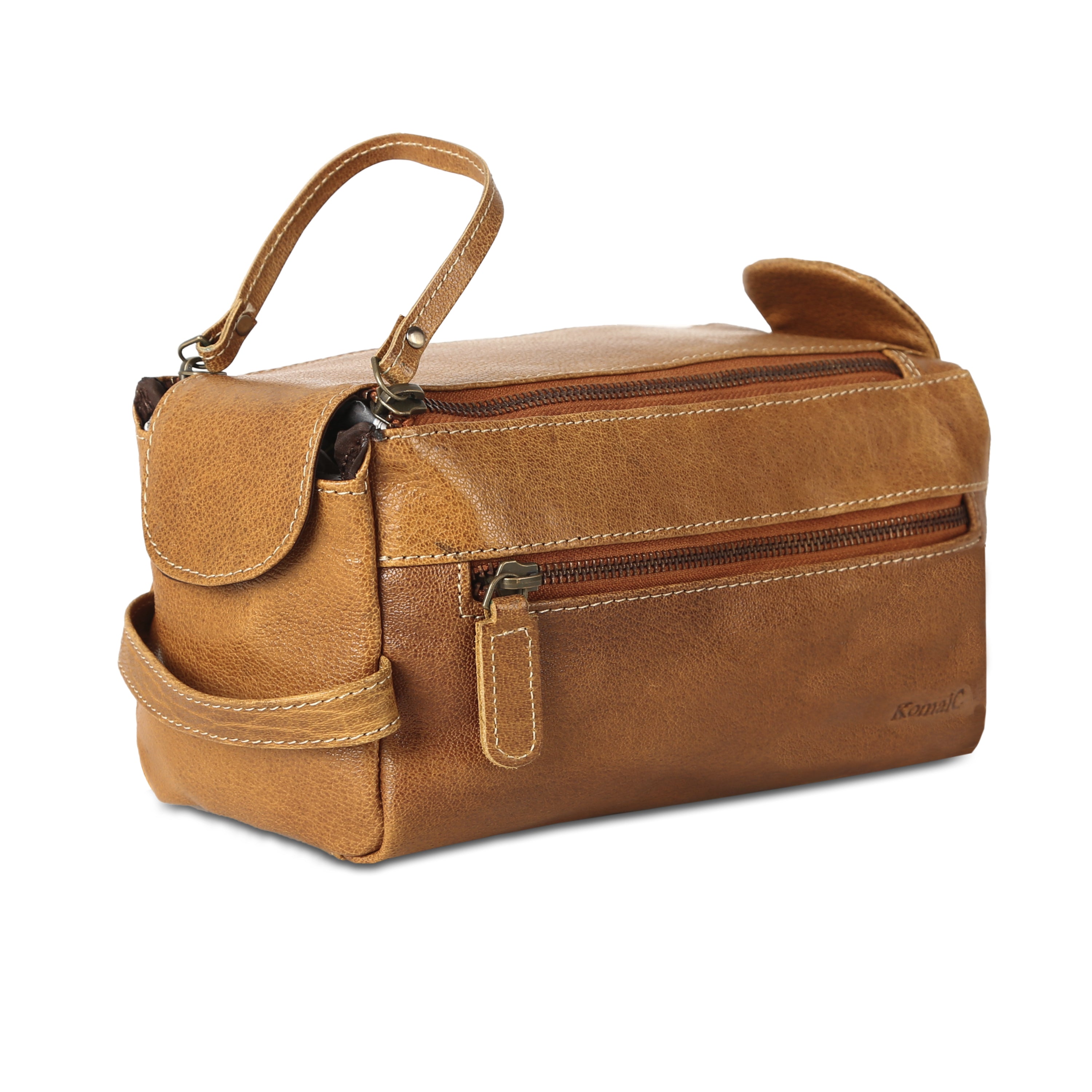 Genuine Buffalo Leather Toiletry Bag – Unisex Travel Dopp Kit (Distressed Yellow Tan)