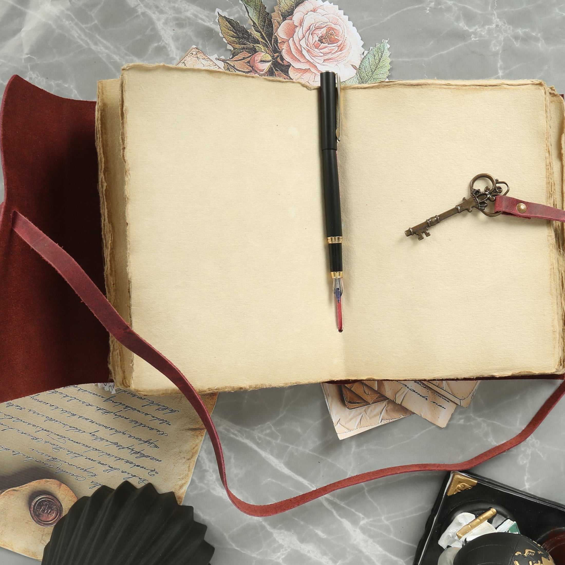 Leather Journal with unlined Deckle Edge Paper Vintage Key/ Handmade Writing Notebook Diary/ Bound Daily Notepad for Men & Women (Solid Pink)