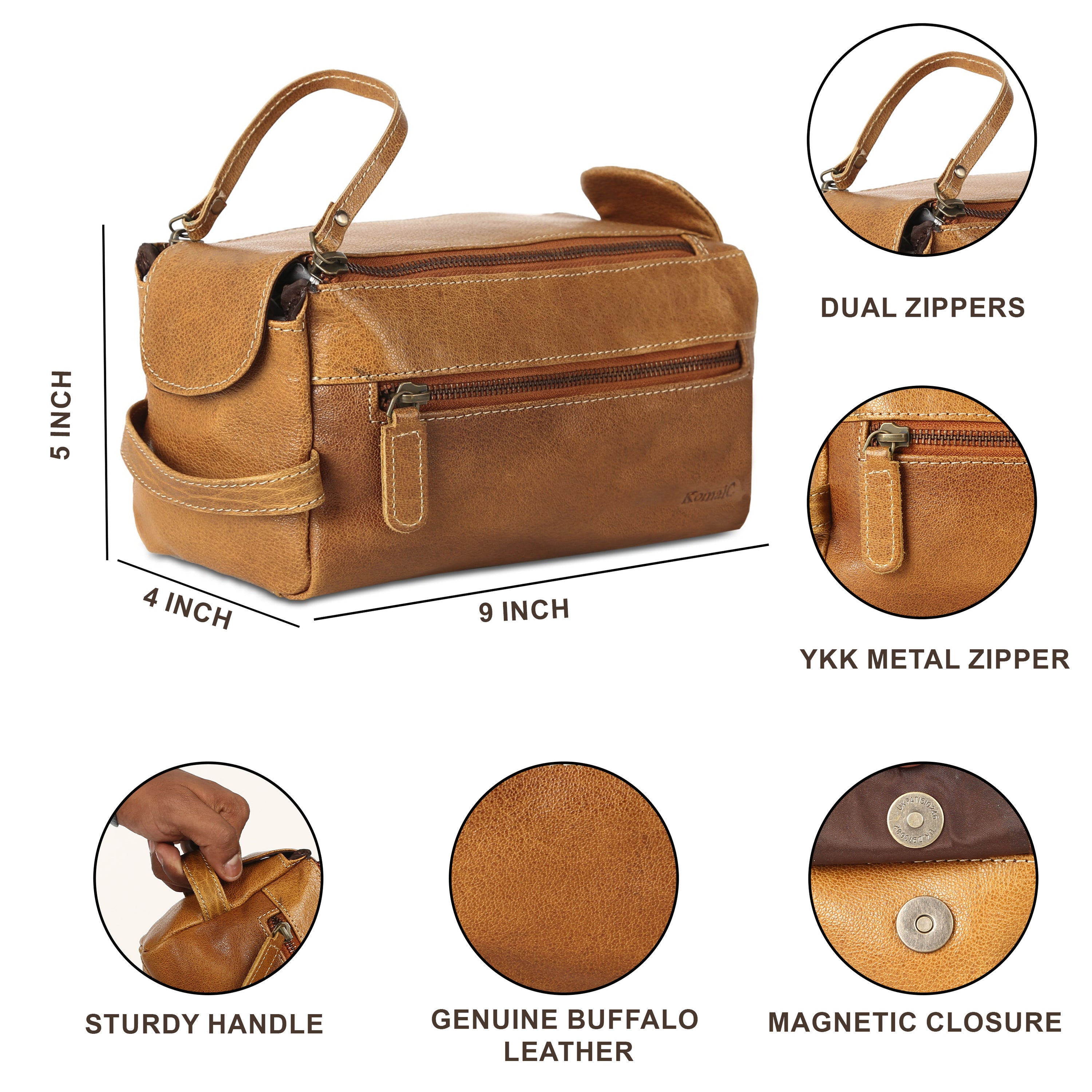 premium buffalo leather unisex toiletry bag with YKK metal zippers