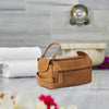 distressed yellow tan leather toiletry kit for men and women