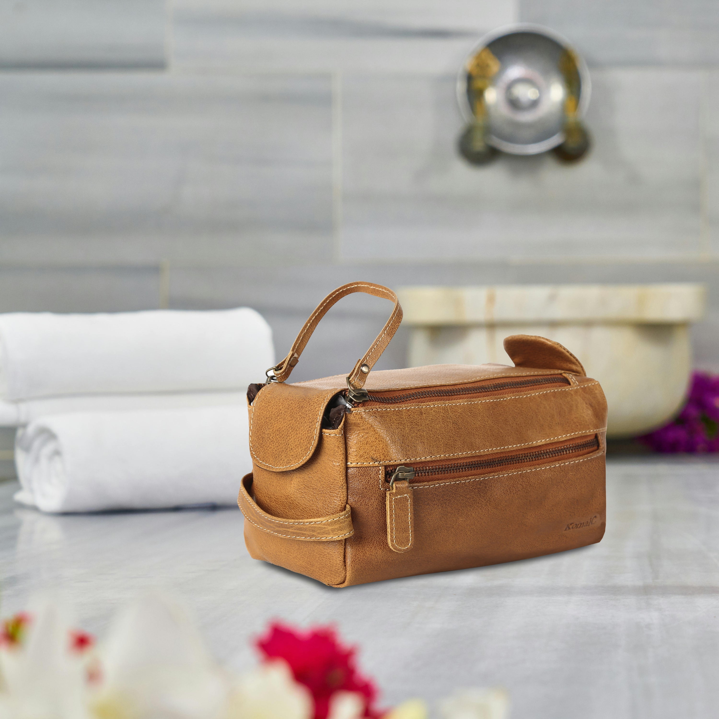 distressed yellow tan leather toiletry kit for men and women