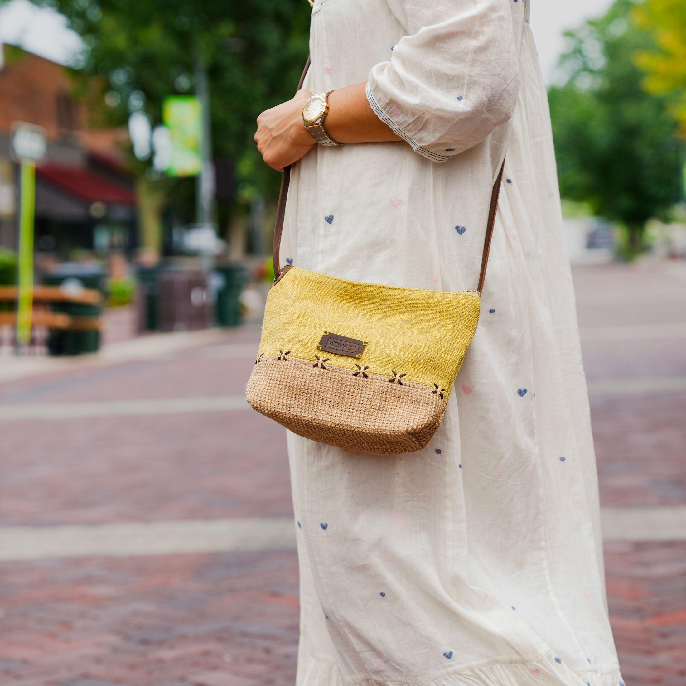 jute and leather sling bag