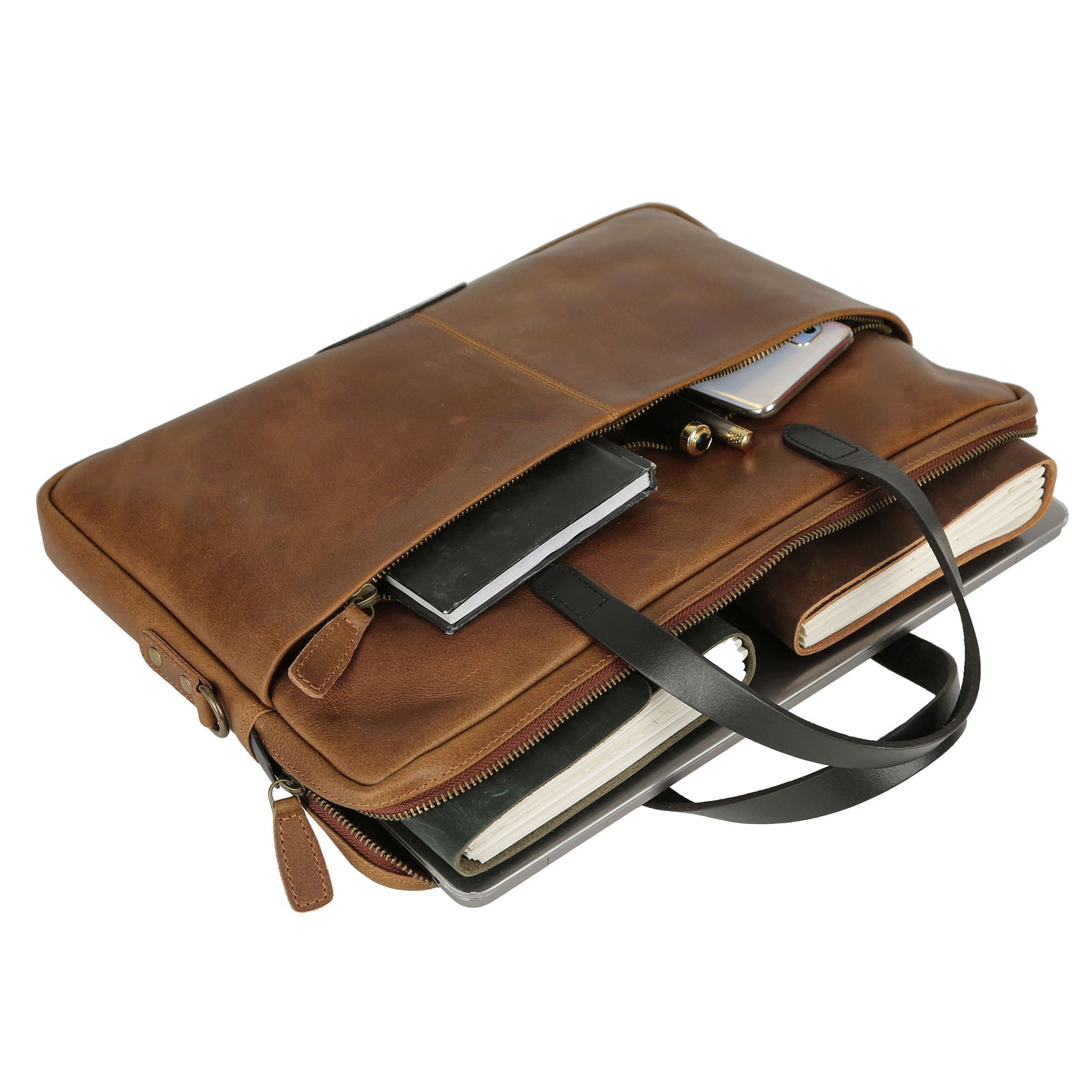 KomalC 15.5 Inch Leather Laptop Sleeve with Trolley Strap – Slim Genuine Leather Bag for 13", 14", 14.5" Laptops – Office Briefcase with Shoulder Strap & Organizer