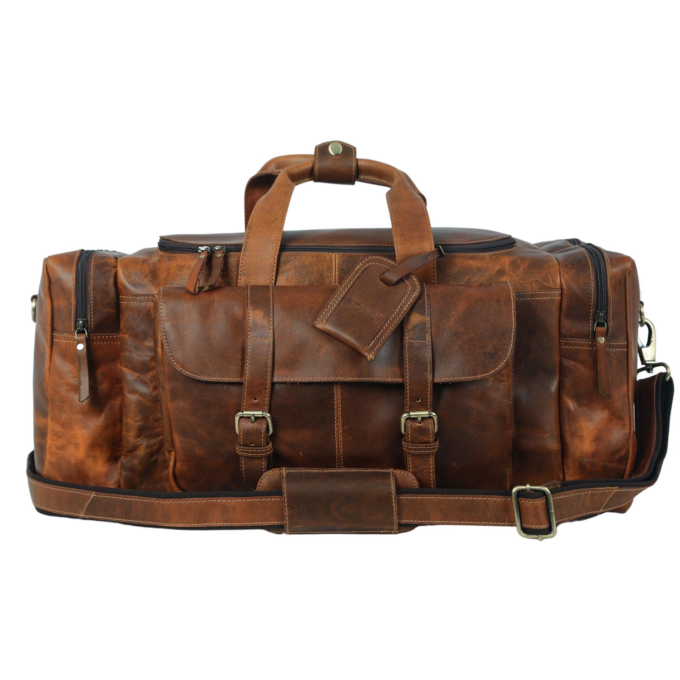 21-Inch Leather Duffel Bag for Men & Women with adjustable shoulder strap and front pockets