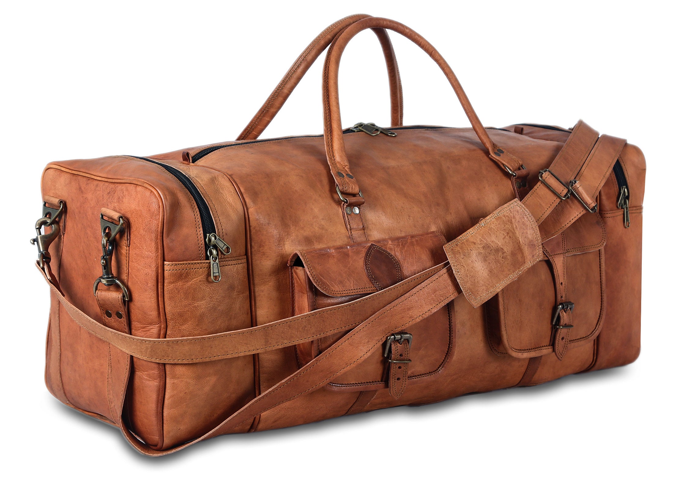 Komalc Leather Travel Duffle Bags for Men and Women Full Grain Leather Overnight Weekend Leather Bags Sports Gym Duffle. (Buffalo Distressed Tan)