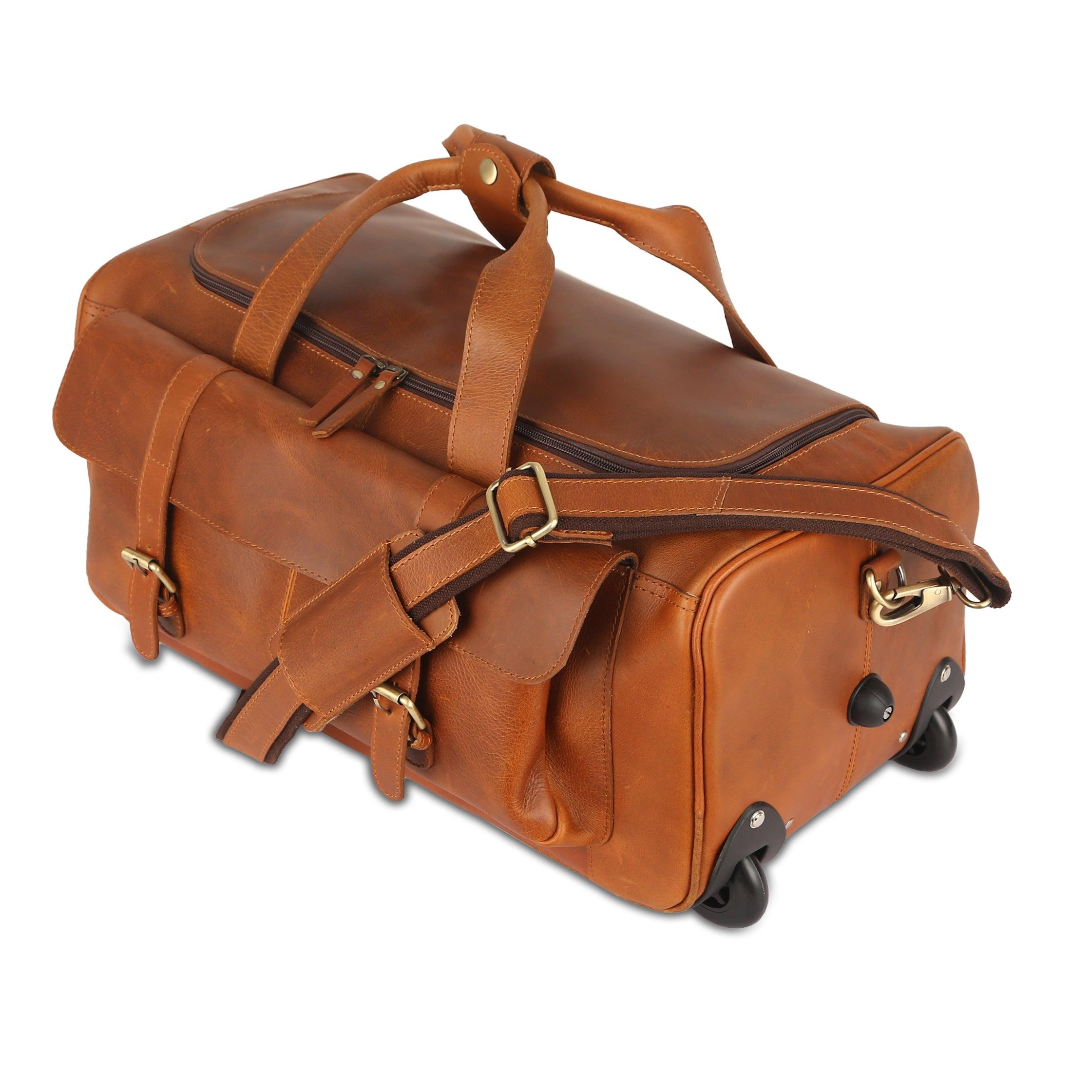 Leather Rolling Travel Duffle Bag for Men Women 21 inch U Zip with wheels Sports Overnight