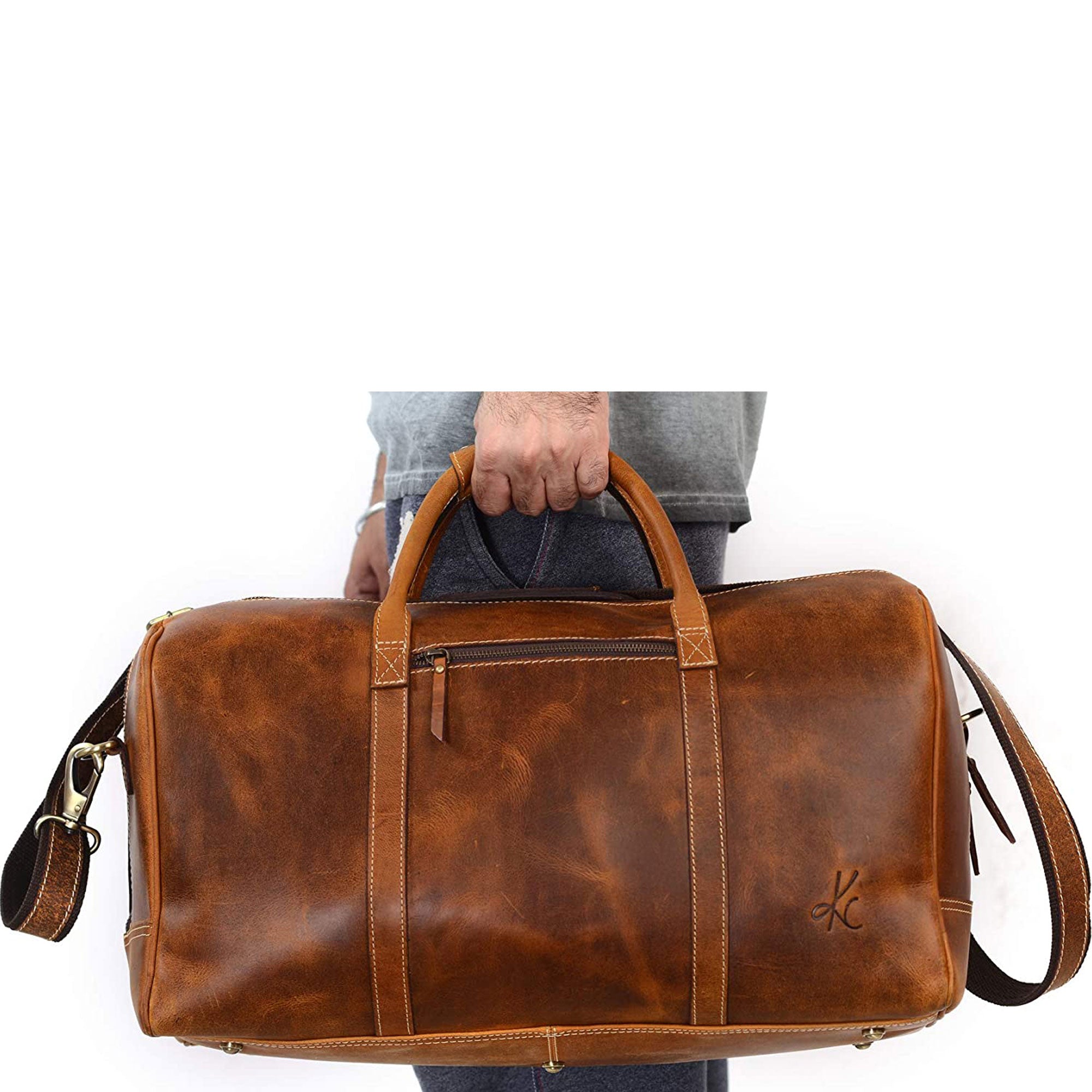 Leather Duffel Bag - Travel, Gym, Sports, Overnight, and Weekend Cabin Holdall by KomalC (Distressed Tan)