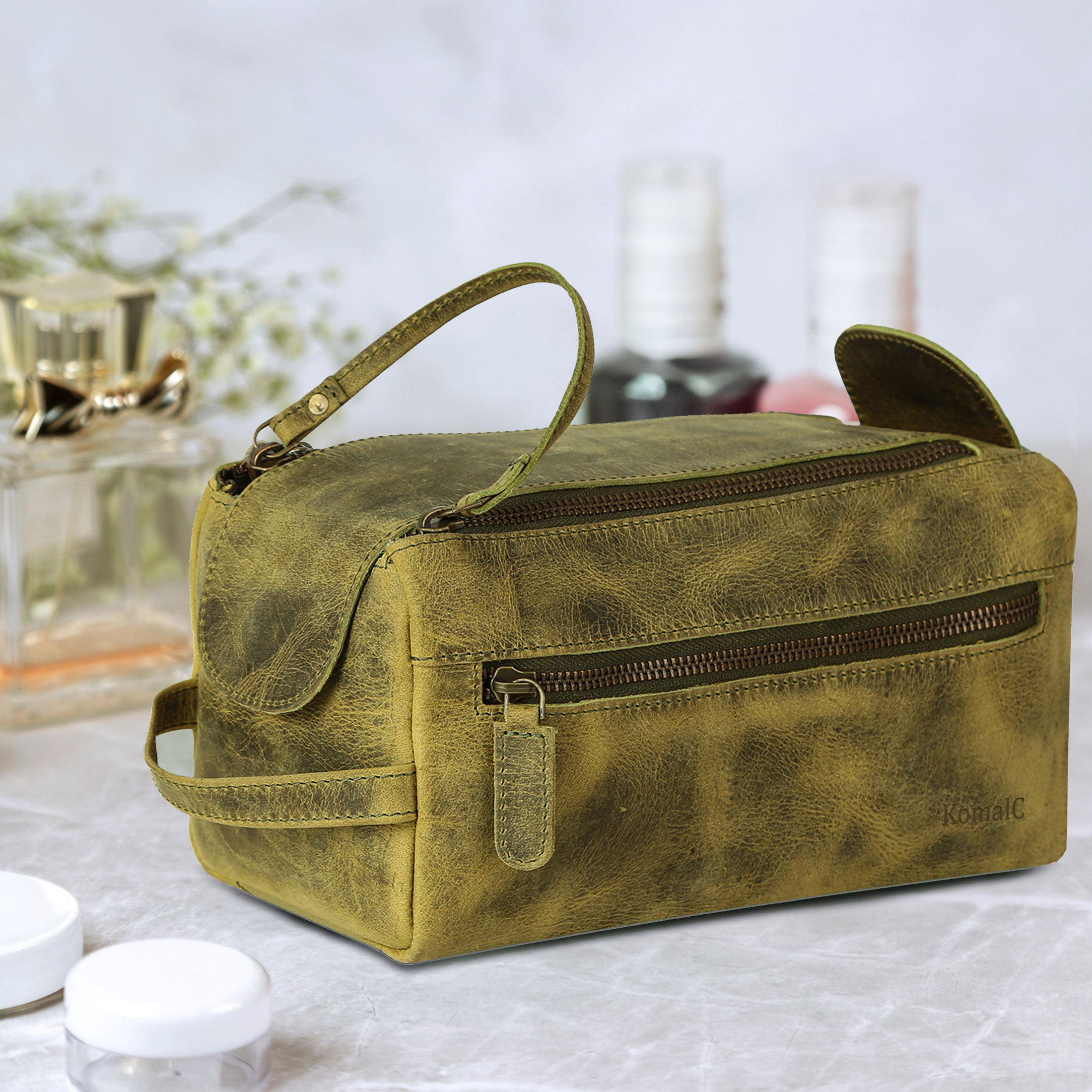 Genuine Buffalo Leather Travel Toiletry Bag – Luxury Dopp Kit with Compartments for Men & Women