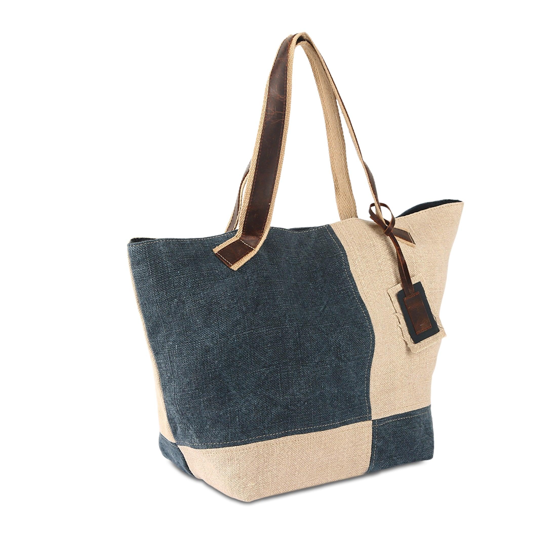 KomalC Tote Bag for Women – Stylish Two-Tone Jute & Leather Bag, Eco-Friendly and Perfect for Daily Use (Delphinium)