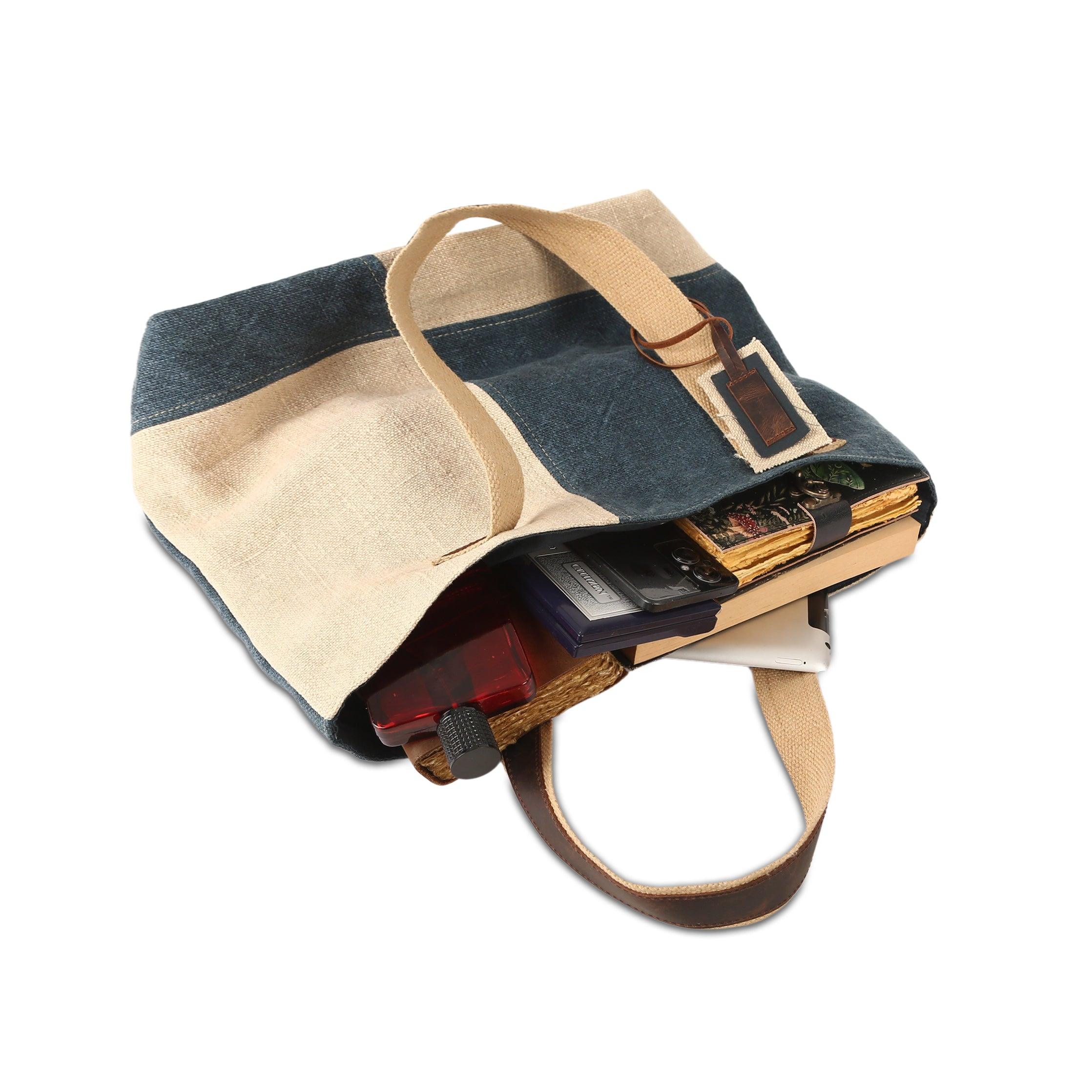 KomalC Tote Bag for Women – Stylish Two-Tone Jute & Leather Bag, Eco-Friendly and Perfect for Daily Use (Delphinium)