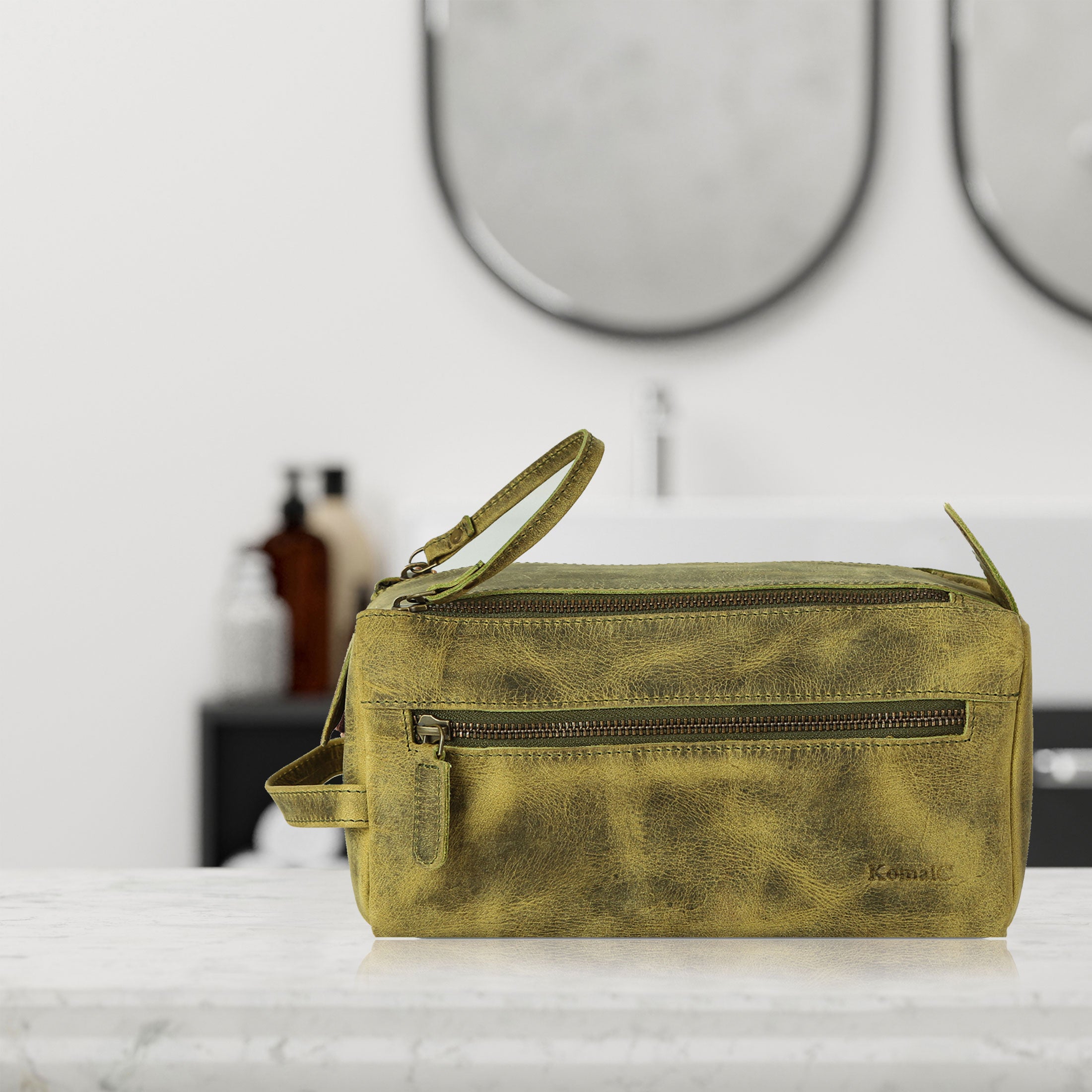 Genuine Buffalo Leather Toiletry Bag – Unisex Travel Dopp Kit (Distressed Green)