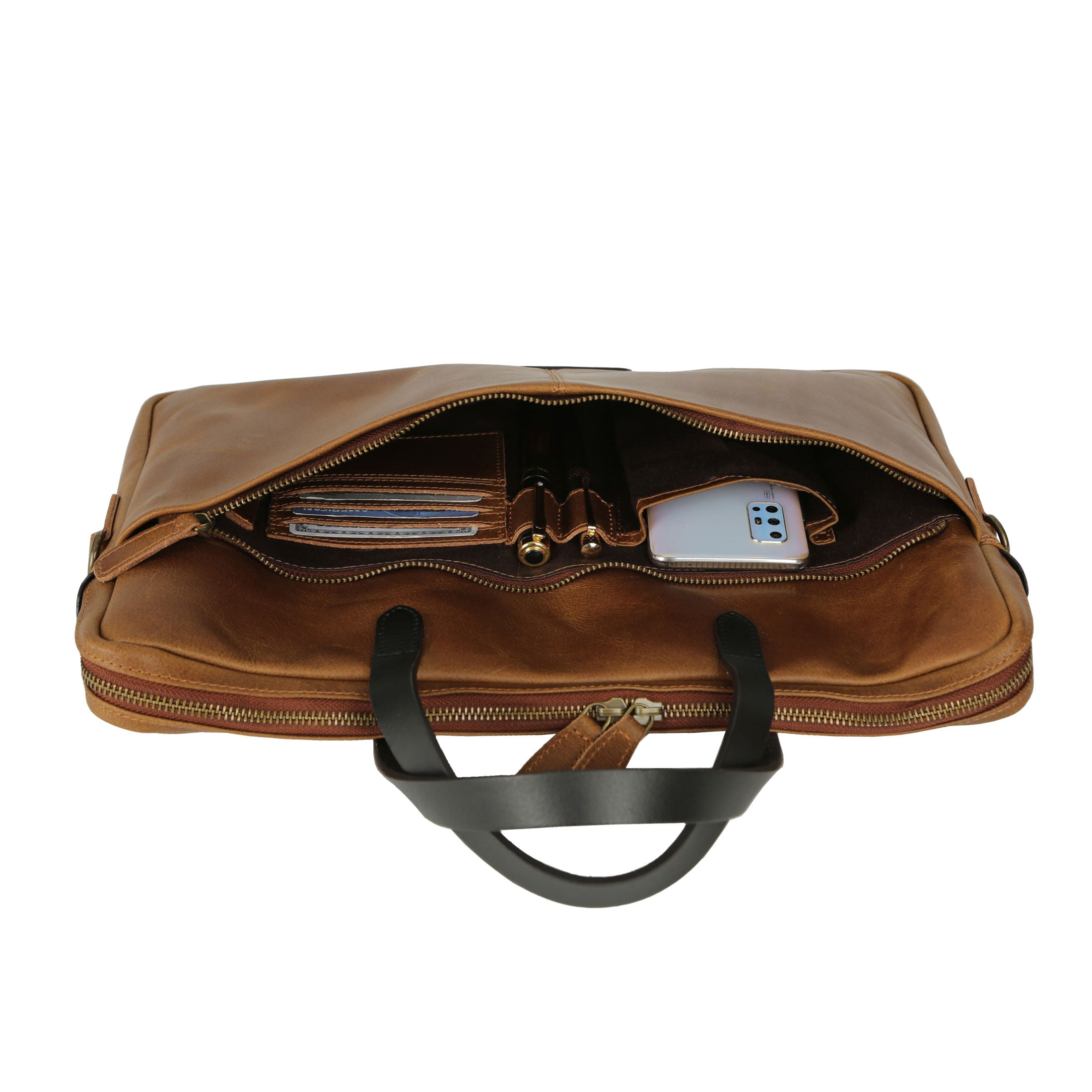 KomalC 15.5 Inch Leather Laptop Sleeve with Trolley Strap – Slim Genuine Leather Bag for 13", 14", 14.5" Laptops – Office Briefcase with Shoulder Strap & Organizer