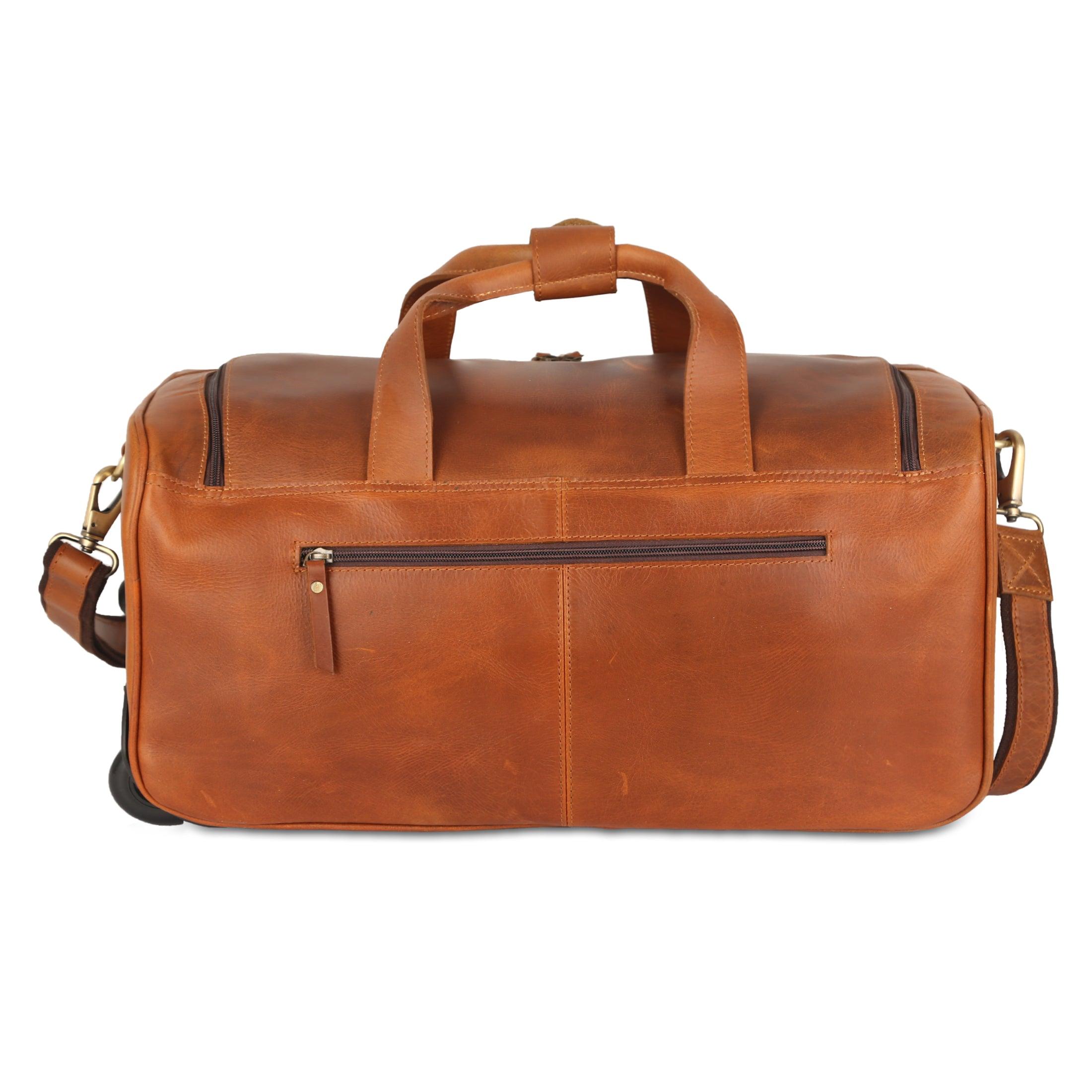 Handcrafted leather overnight bag with wheels for men and women