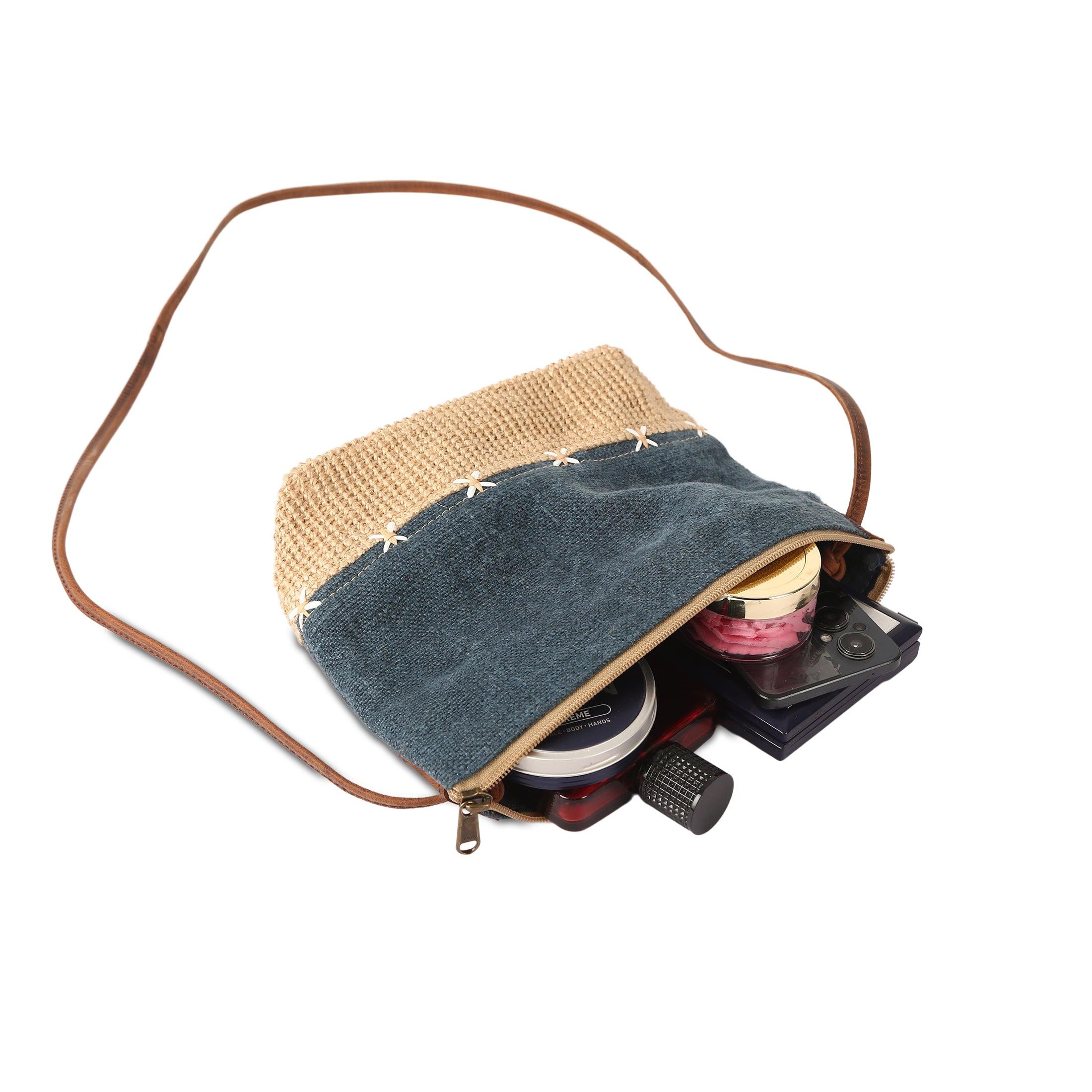 KomalC Stylish Slingbag for Women -made with high-quality Jute & Premium Buffalo Leather accents | Woven Shoulder Bag (Delphinium)
