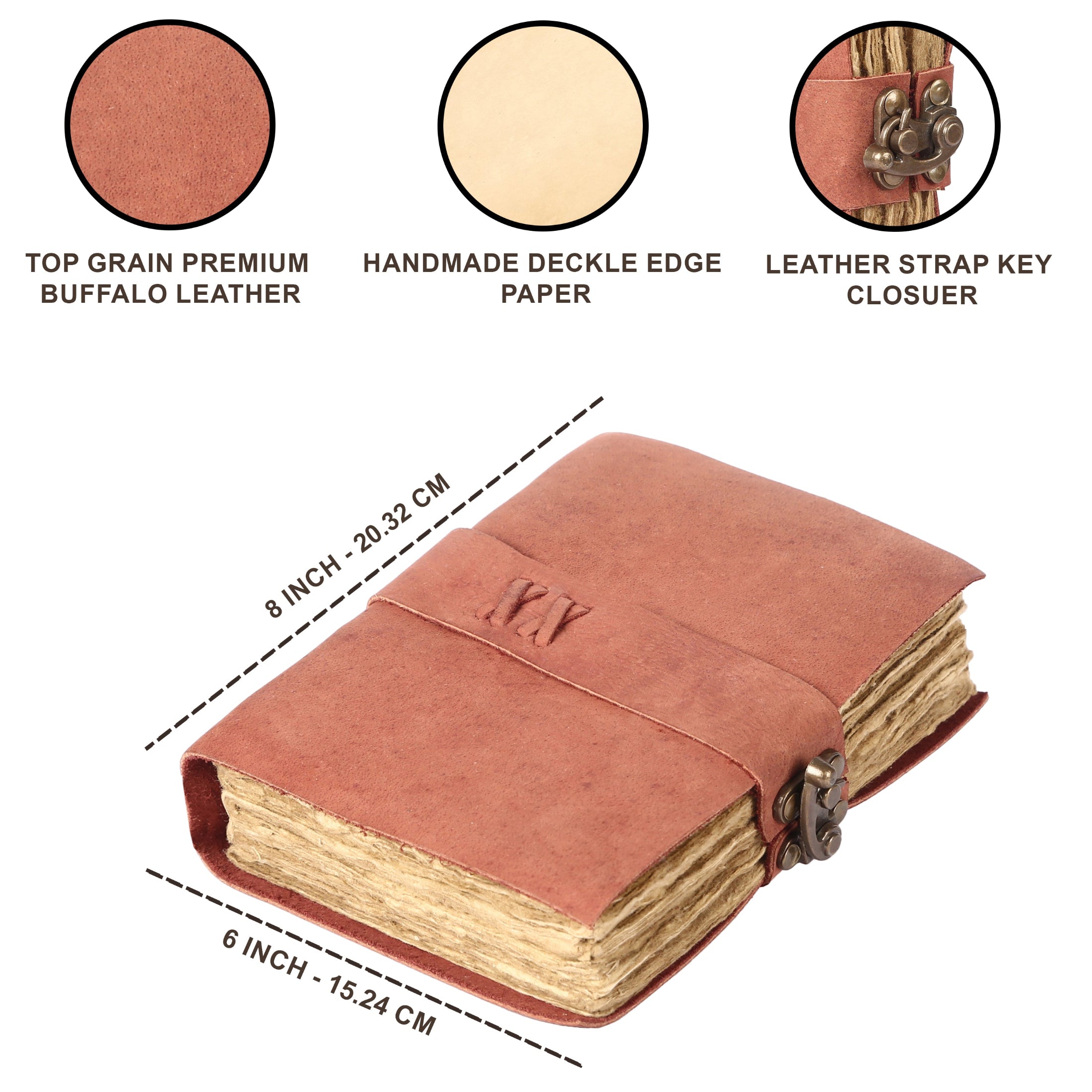 Handcrafted Sunset Peach Vintage Leather Journal with Lock – 200 Pages Deckle Edge Paper