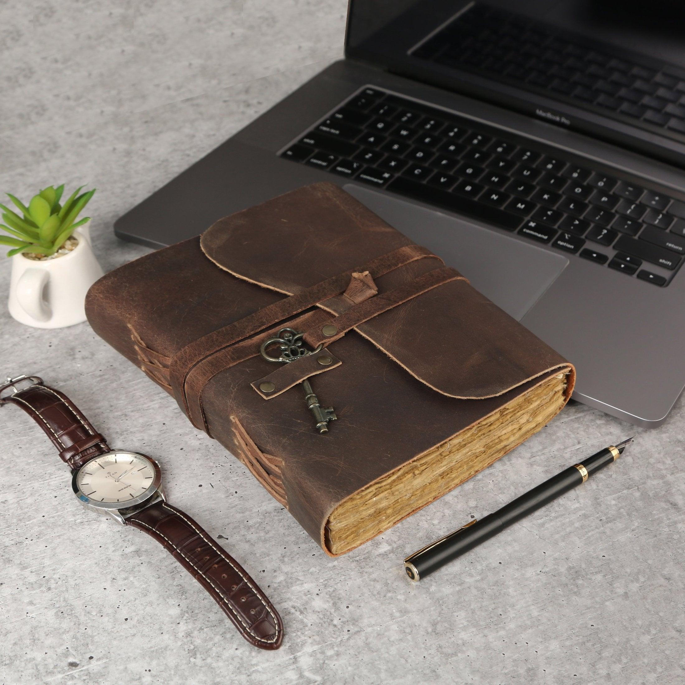 Leather Journal with Unlined Deckle Edge Paper & Vintage Key – 8x6