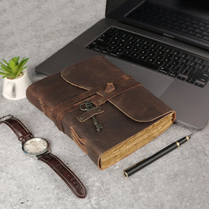 Handmade rustic leather journal with key clasp, 8x6 inches, ideal for sketching and writing