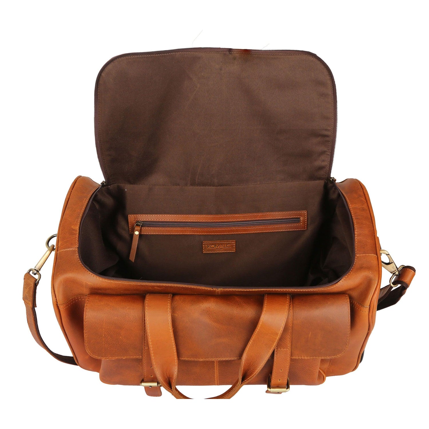 spacious 21-inch leather rolling duffel bag with wheels having extra inner pockets