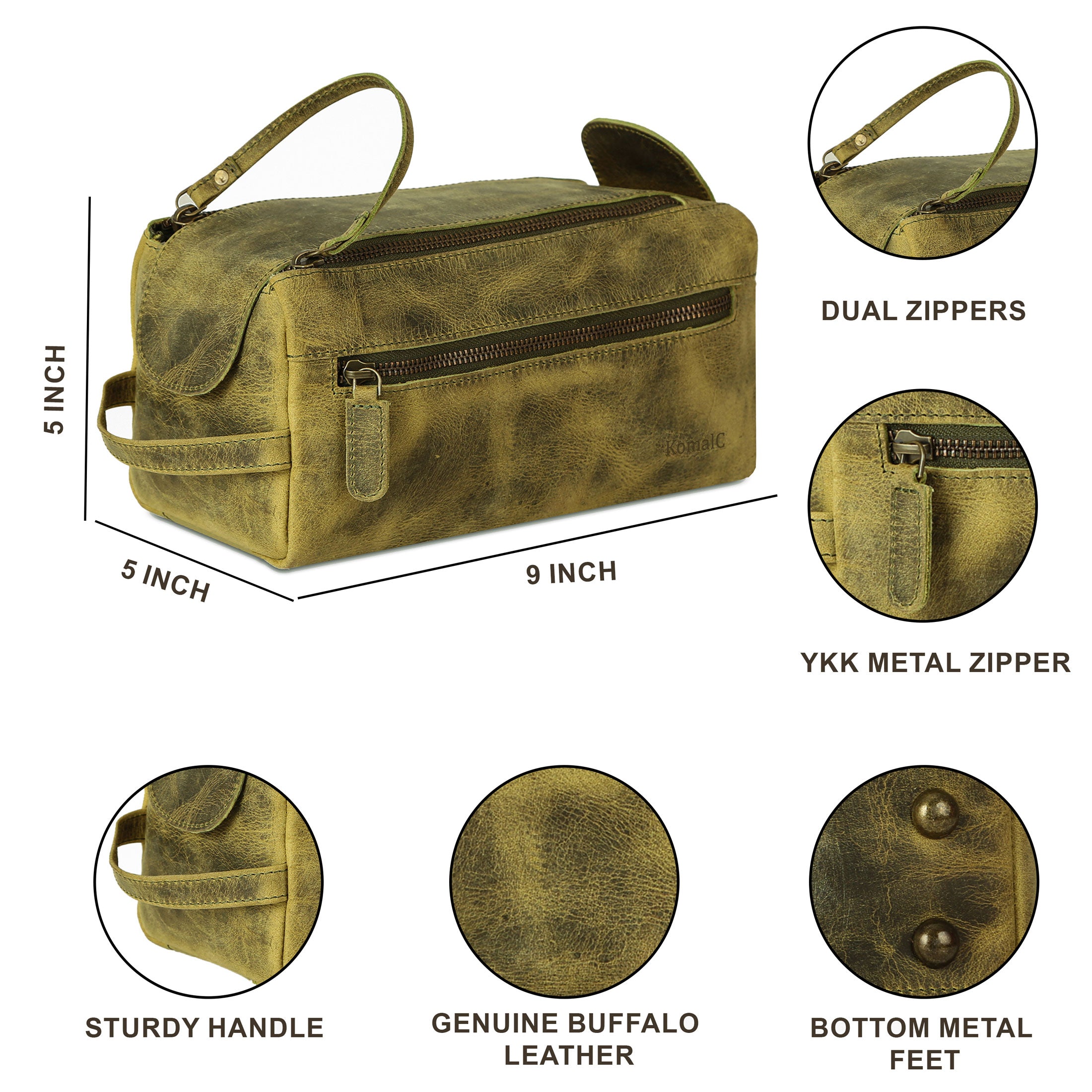 Genuine Buffalo Leather Toiletry Bag – Unisex Travel Dopp Kit (Distressed Green)
