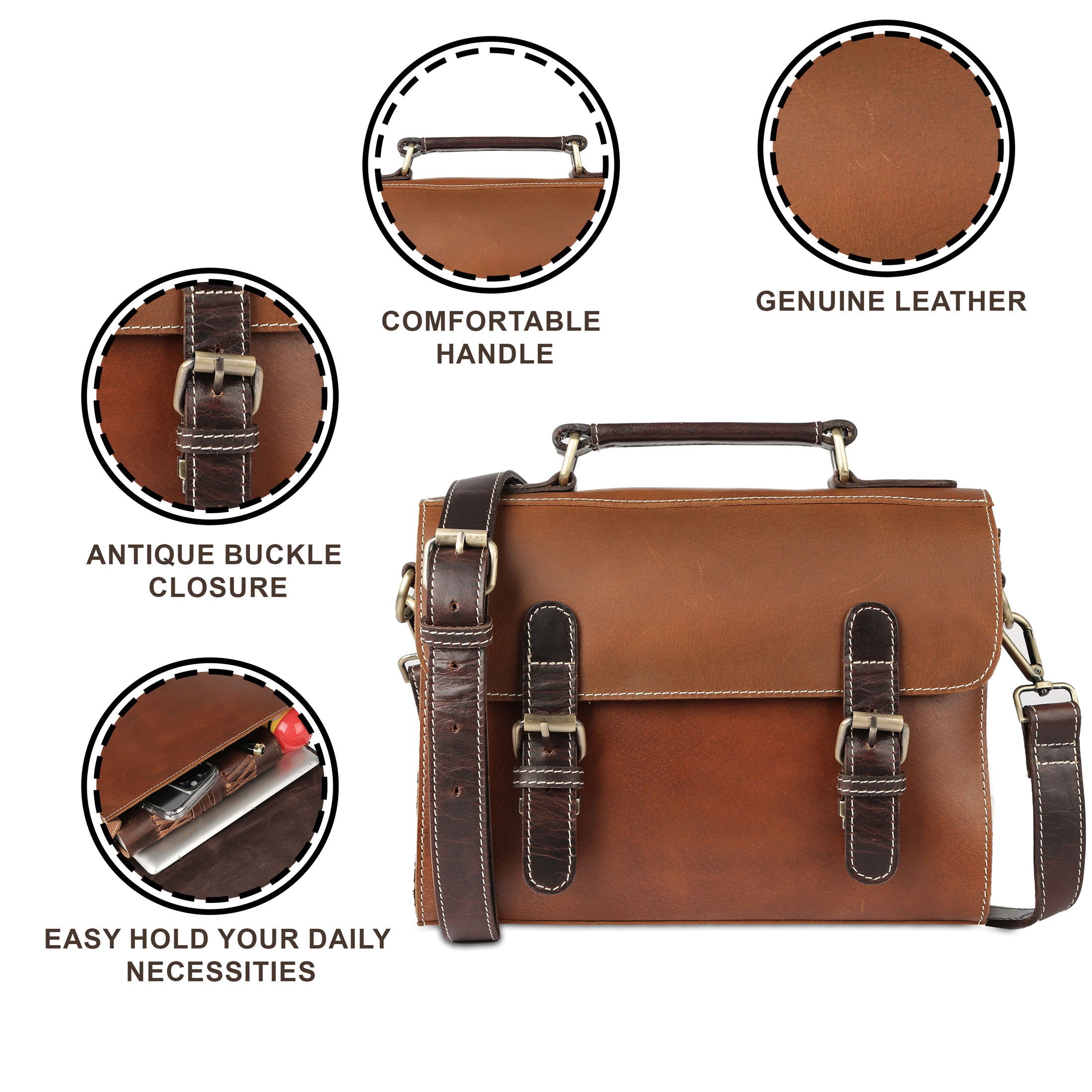 Genuine Leather Crossbody Bag for Women | 10 Inch Handmade Satchel Purse with Adjustable Strap & Push Lock | Stylish Everyday Shoulder Bag