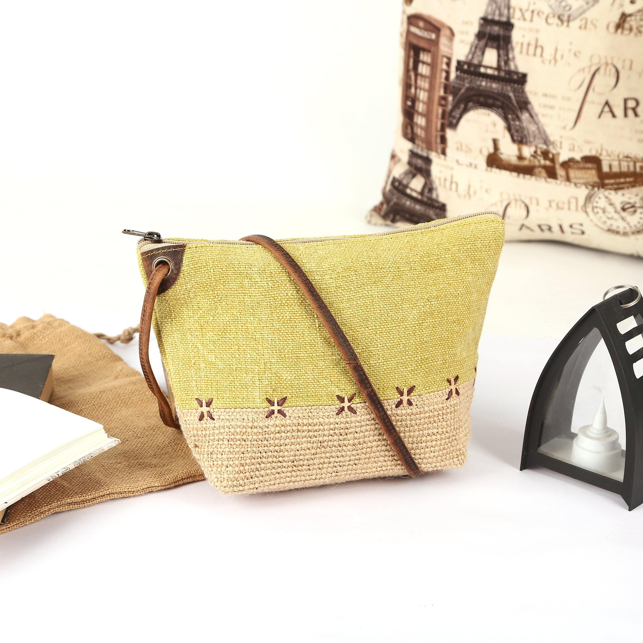 jute and leather sling bag