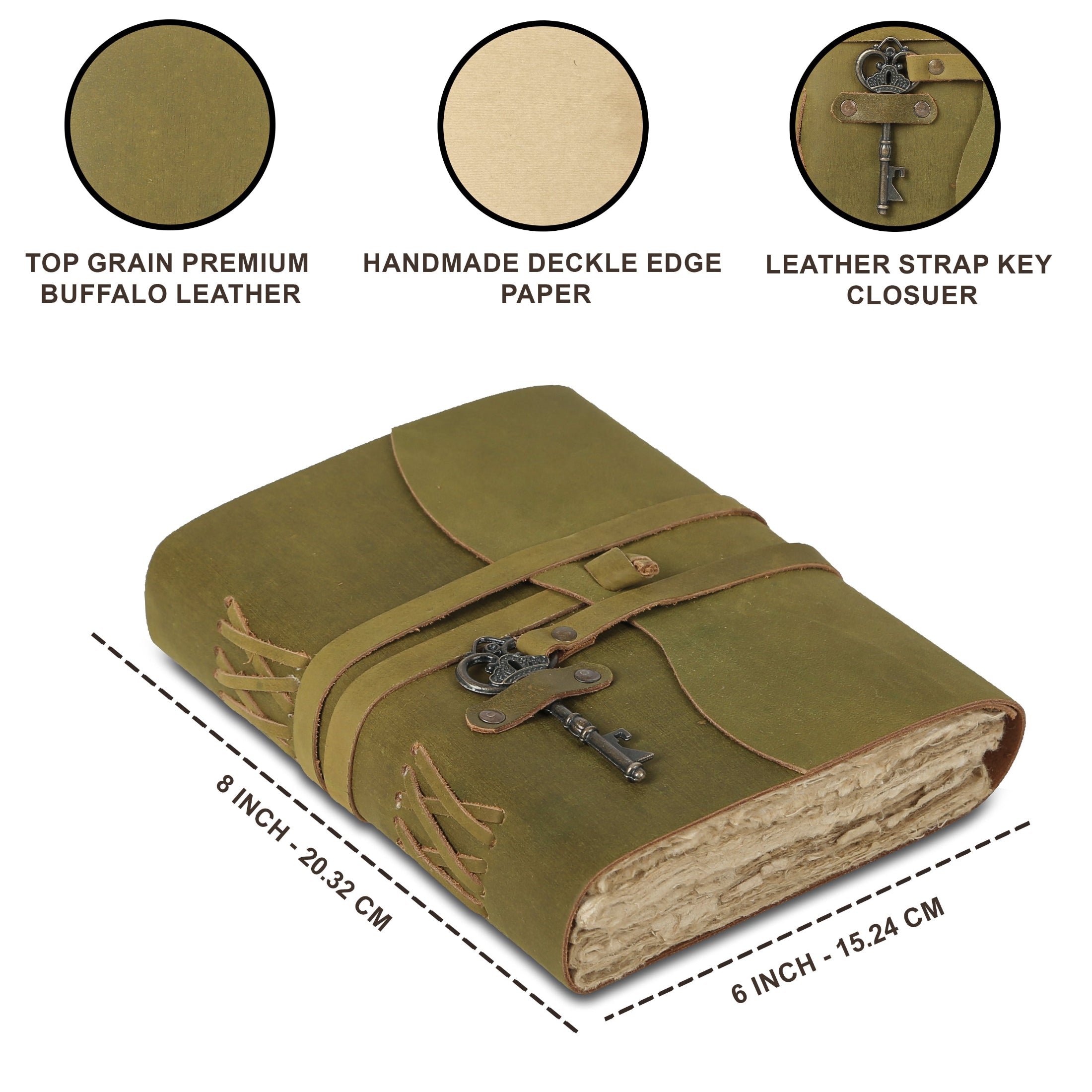 Leather Journal with unlined Deckle Edge Paper Vintage Key/ Handmade Writing Notebook Diary/ Bound Daily Notepad for Men & Women (Light Green)