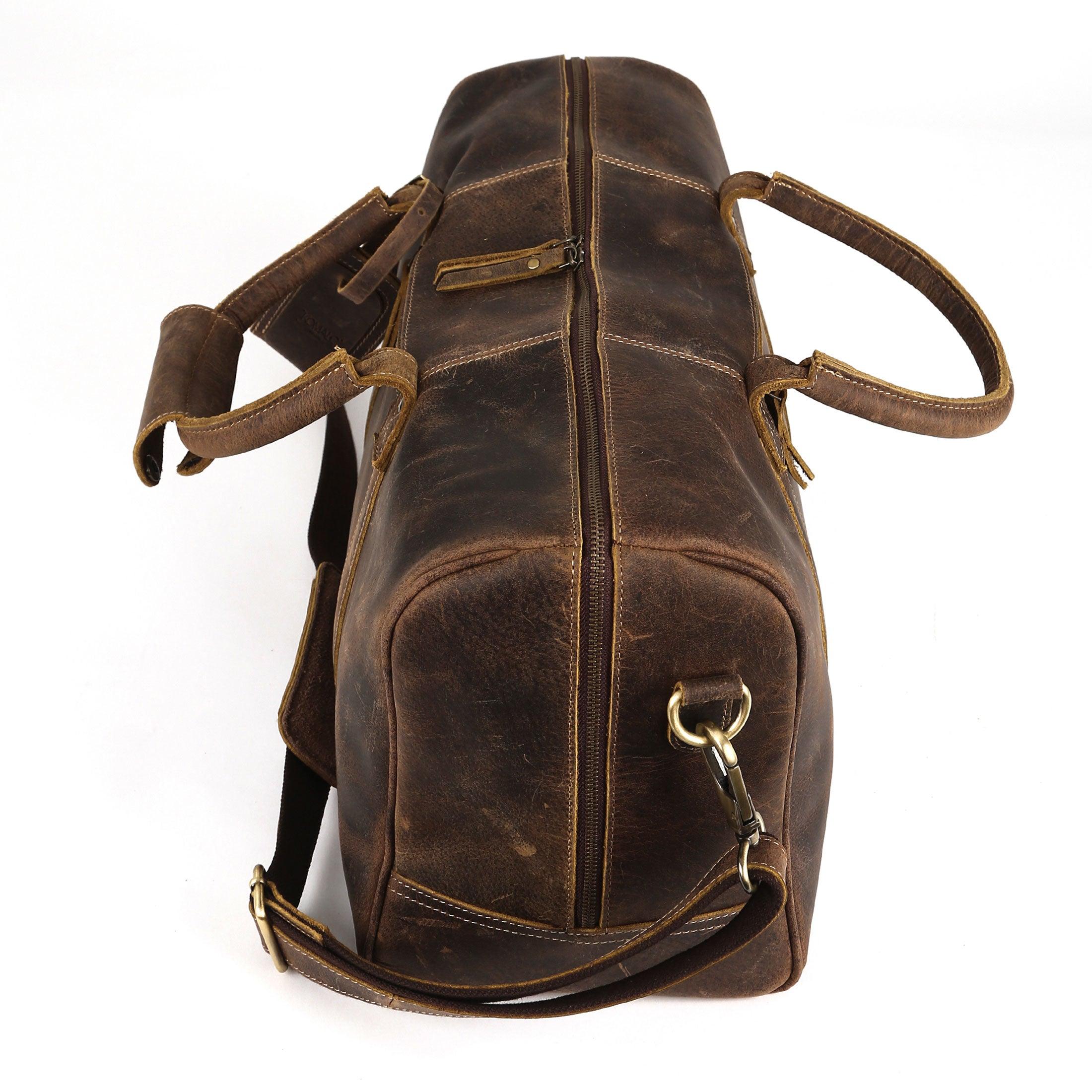 vintage leather duffel bag for men and women with a detachable shoulder strap