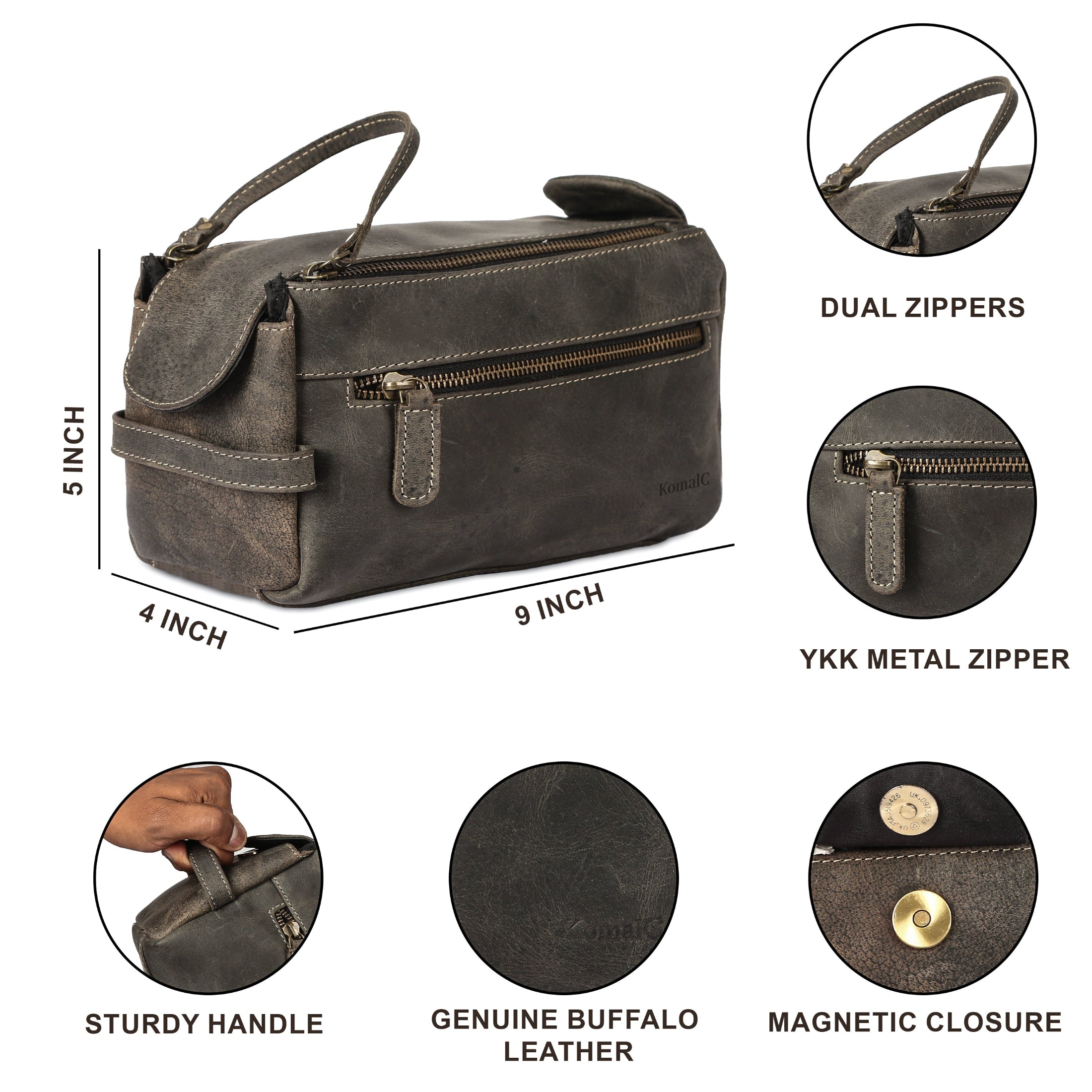 premium buffalo leather dopp kit with YKK metal zipper for men and women