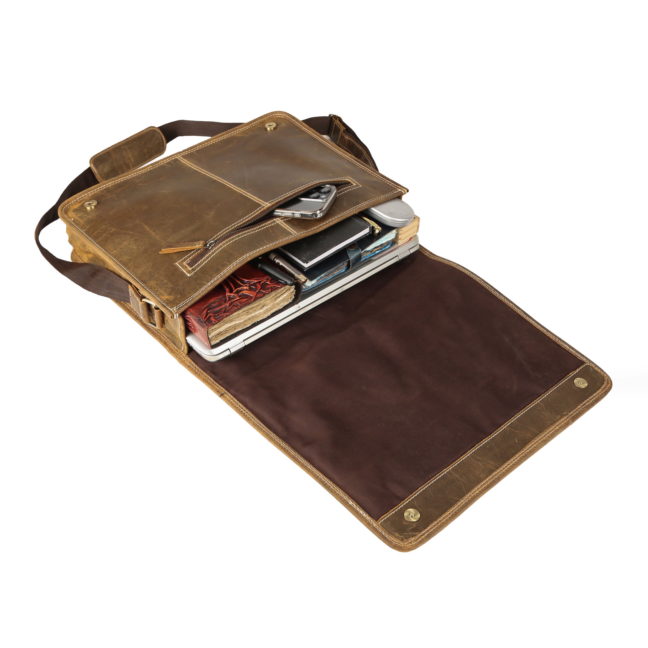 16 Inch Leather Messenger Bag for Men & Women – Vintage Laptop Satchel with Trolley Strap & Shoulder Strap – Fits 15.6" Laptop