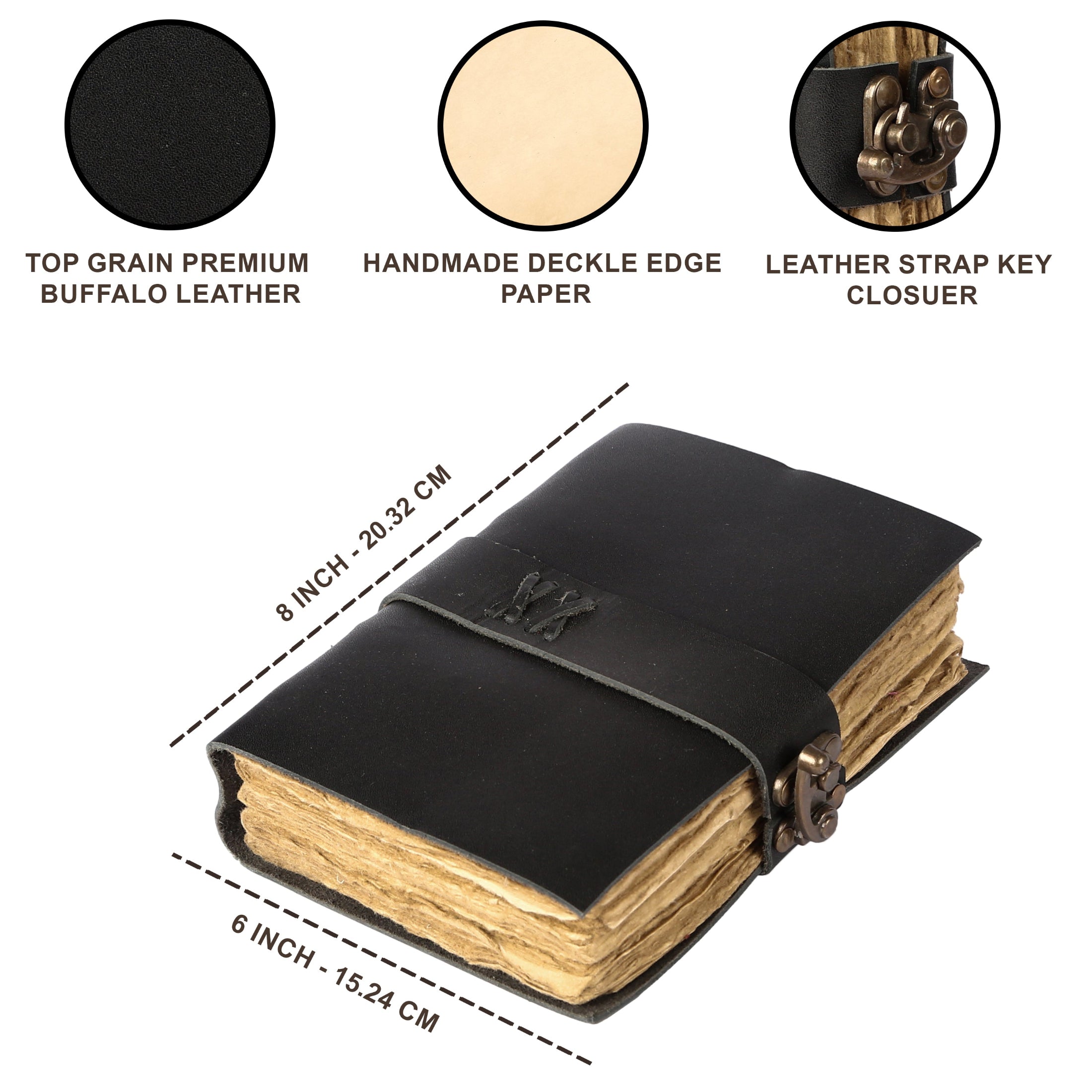 Handcrafted Vintage Leather Journal with Lock – Antique Deckle Edge Paper, 200 Pages (Black)