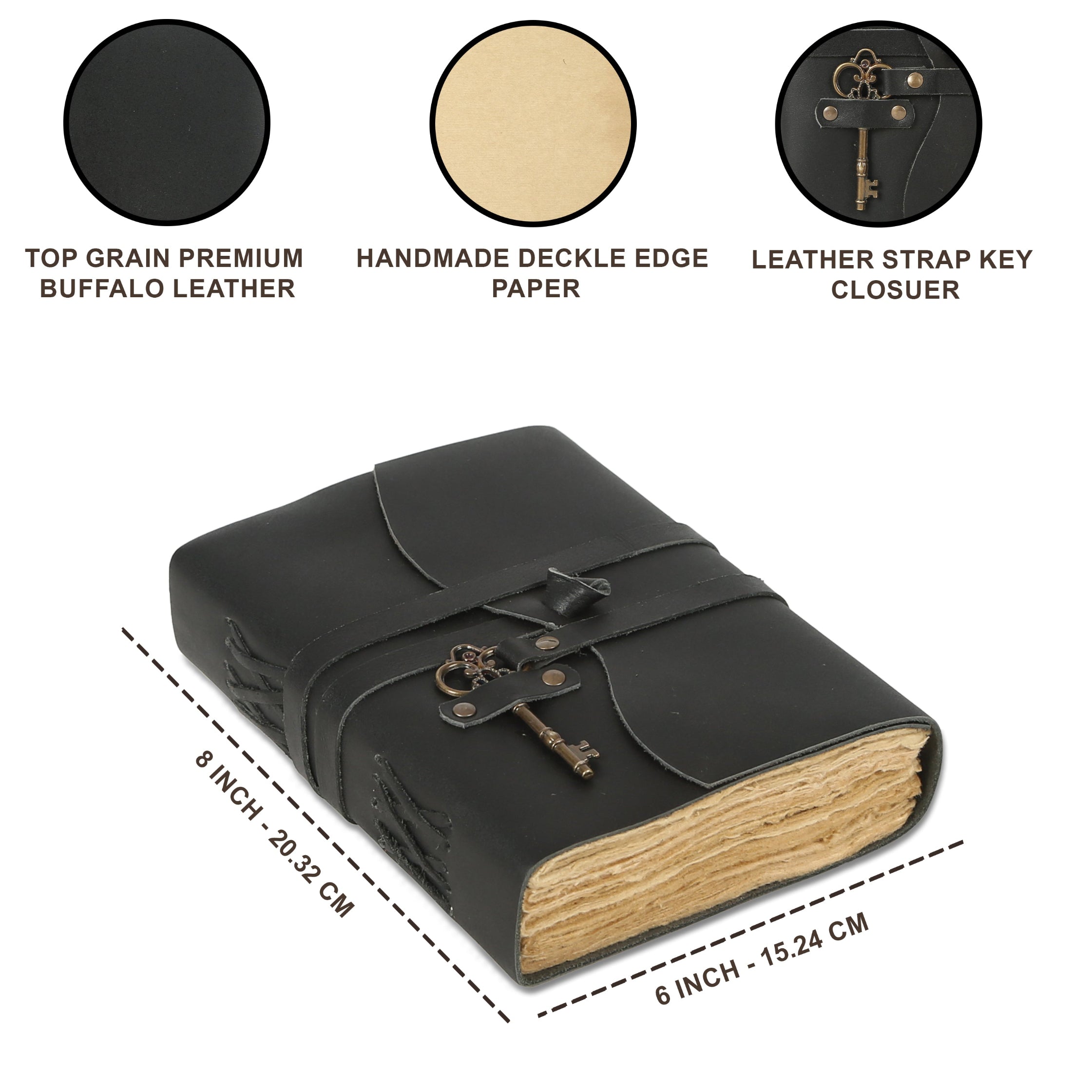 Leather Journal with unlined Deckle Edge Paper Vintage Key/ Handmade Writing Notebook Diary/ Bound Daily Notepad for Men & Women (Black)