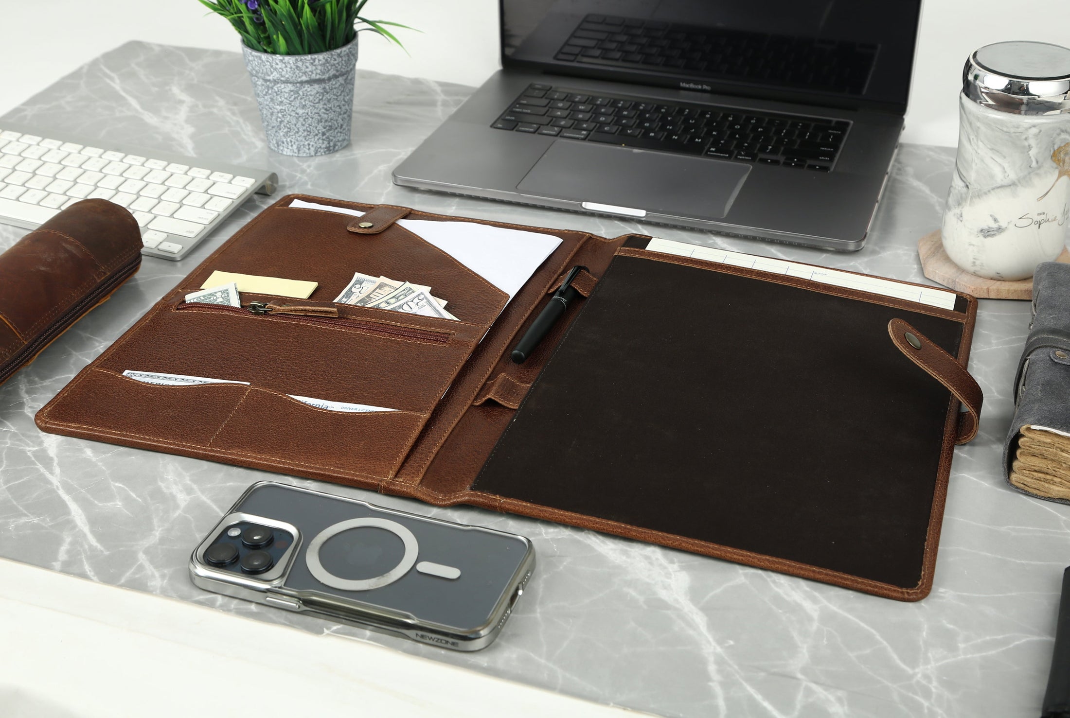 KomalC Leather Portfolio Folder with Button Closure | Business Padfolio for Professionals | Vintage Full-Grain Leather Organizer with Legal Pad Holder, Card Slots & Document Pockets (Chicago)
