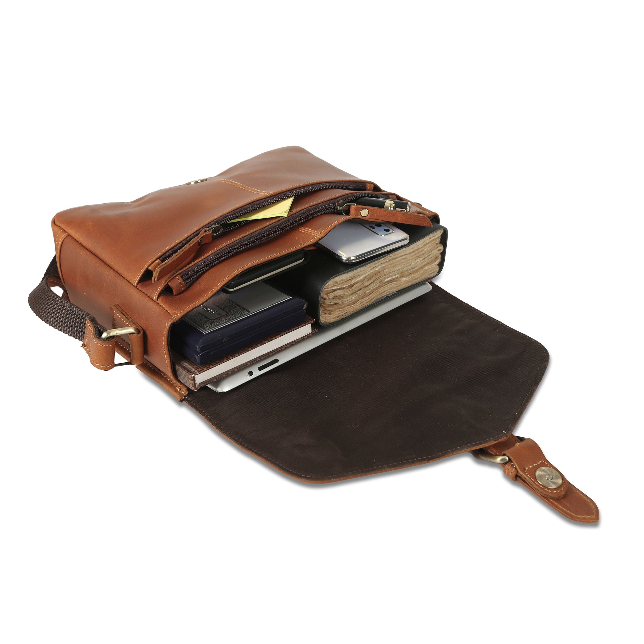 spacious leather crossbody bag with multiple compartments