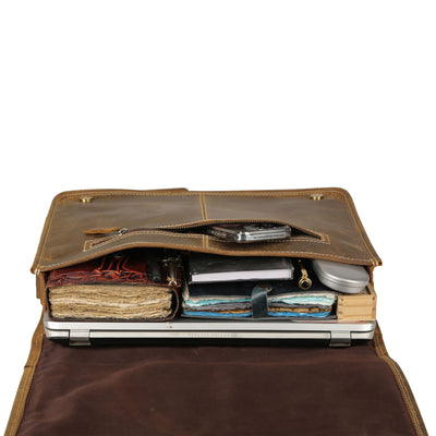 16 Inch Leather Messenger Bag for Men & Women – Vintage Laptop Satchel with Trolley Strap & Shoulder Strap – Fits 15.6" Laptop