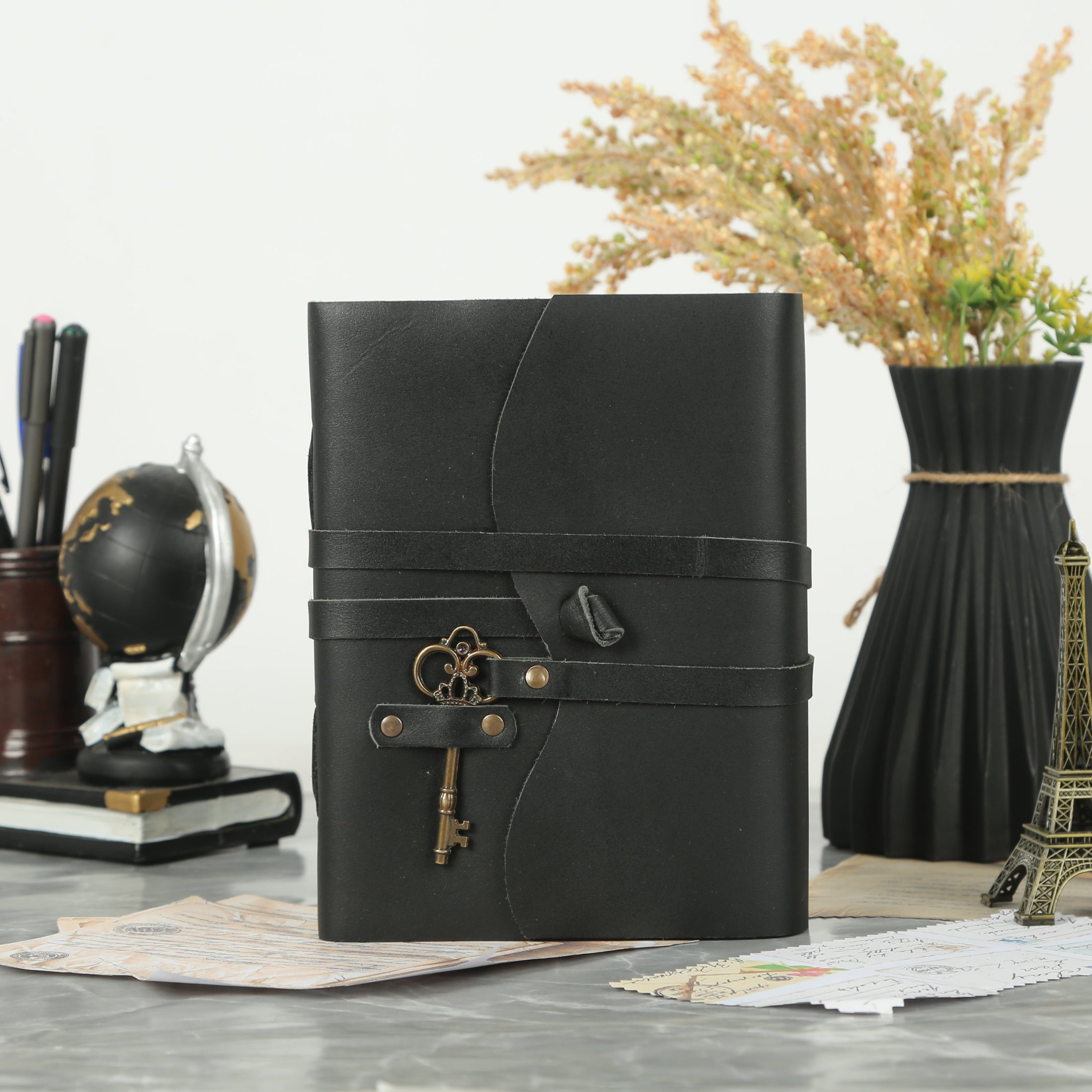 Leather Journal with unlined Deckle Edge Paper Vintage Key/ Handmade Writing Notebook Diary/ Bound Daily Notepad for Men & Women (Black)